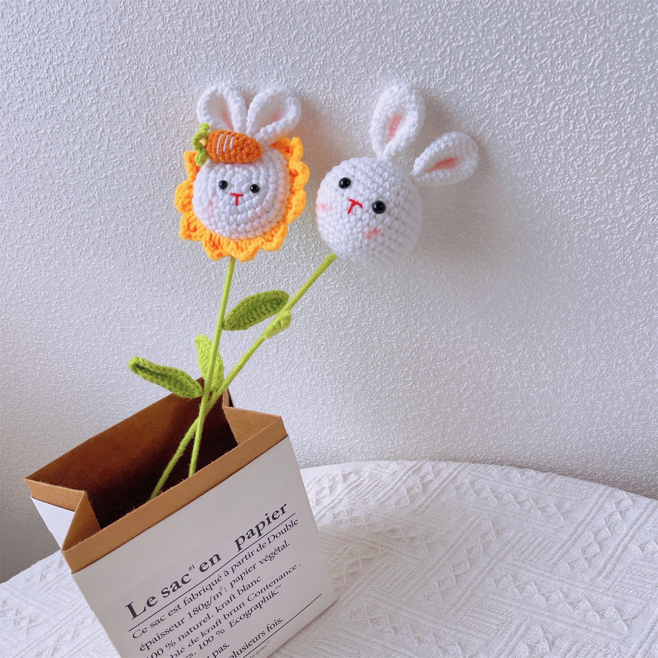 Bunny Bliss: Handcrafted Crochet Cute Bunny Head Stake with Bunny and Sunflower Finish for a Whimsical Garden Decor