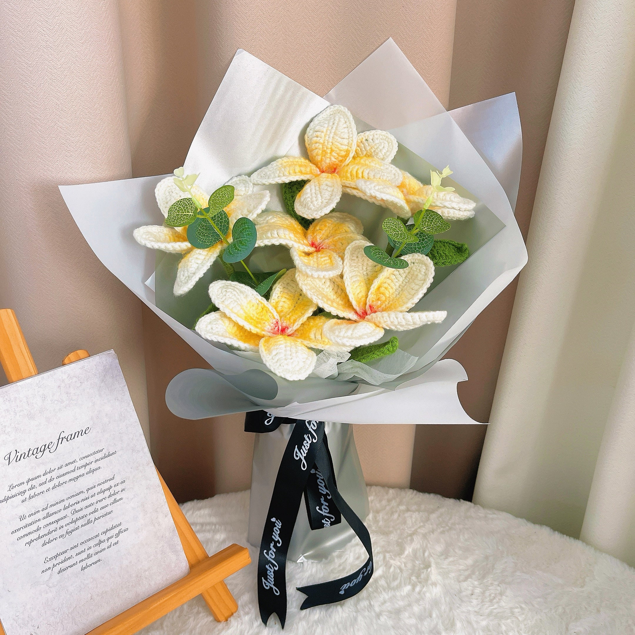 Handcrafted Crochet 12 Frangipani Bouquet with White and Silver Packaging - Yellow Petals with Orange Cores