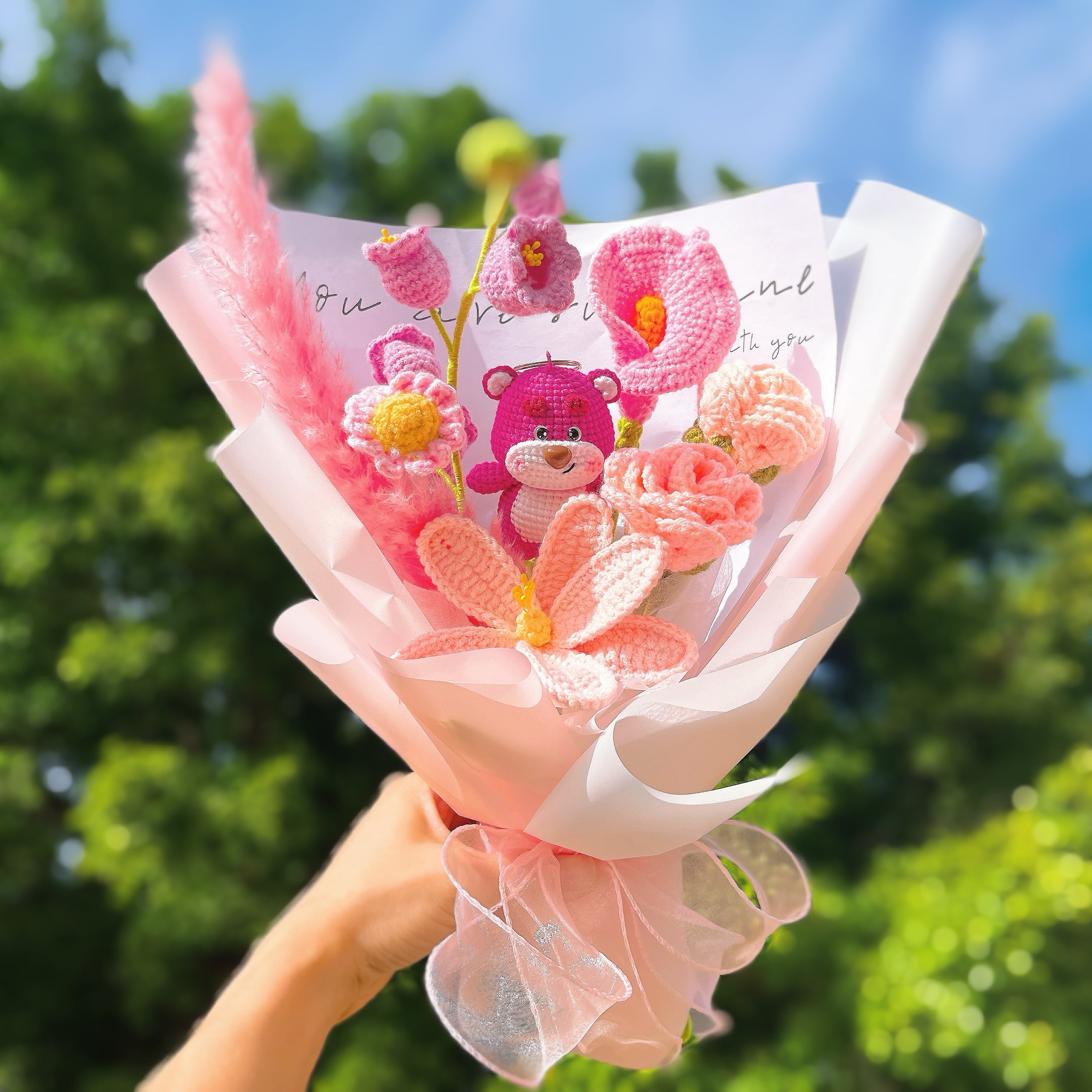 Handmade Crocheted Bear Theme Strawberry Flower Bouquet - Roses, Lily of the Valley, Calla Lilies, Tulips, Daisy – Customizable Birthdays Anniversaries Gifts