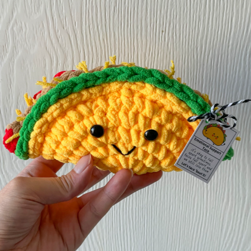 Handmade Crochet Emotional Support Mexican Taco Plush Toy with Customizable Text Friendship Positive Companion Gift