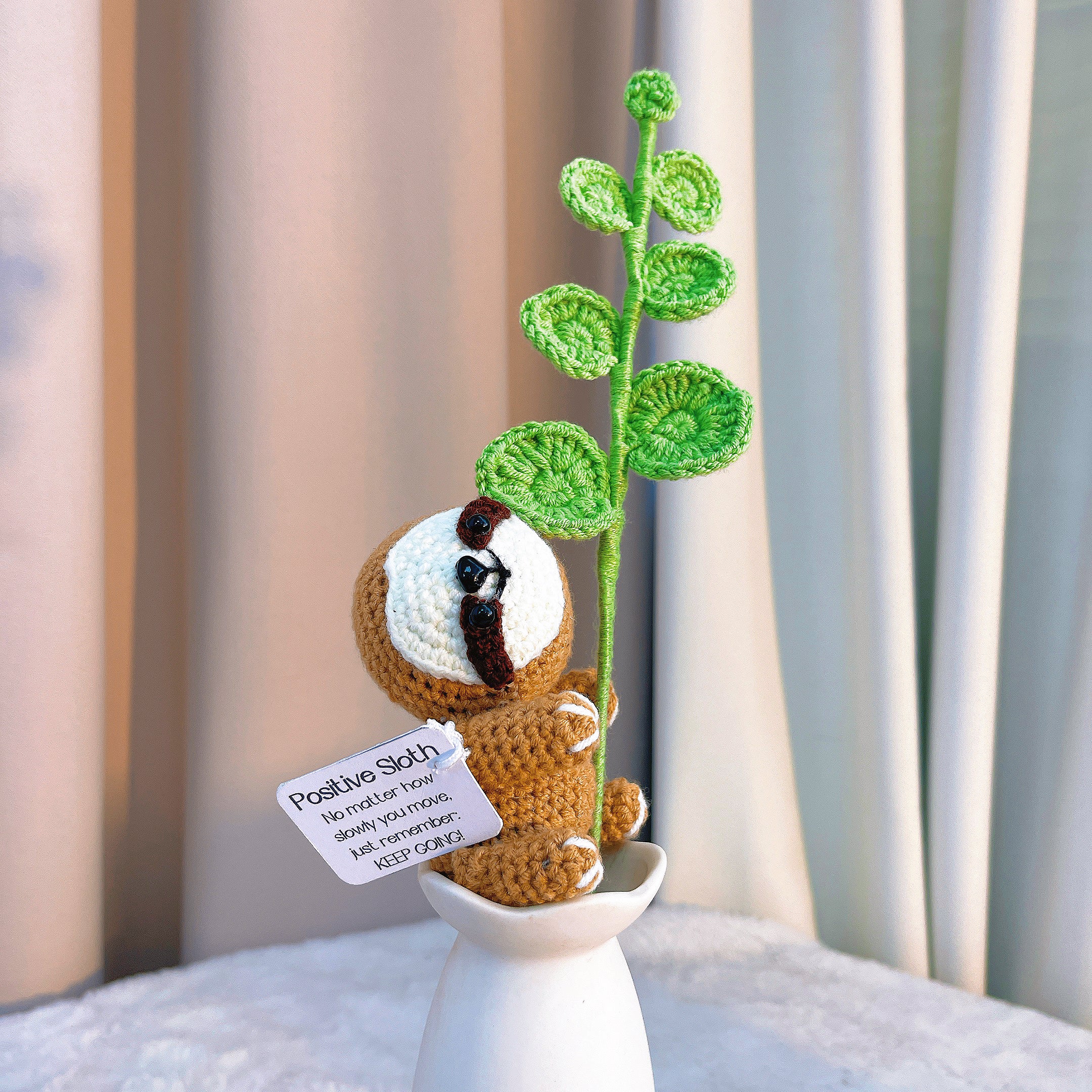 Crochet Sloth Plushie - White Face & Light Brown Body Sloth with Flower Bouquet Accessory, Hypoallergenic Gift for Animal Lovers, Baby Shower, Birthday, Christmas Decoration