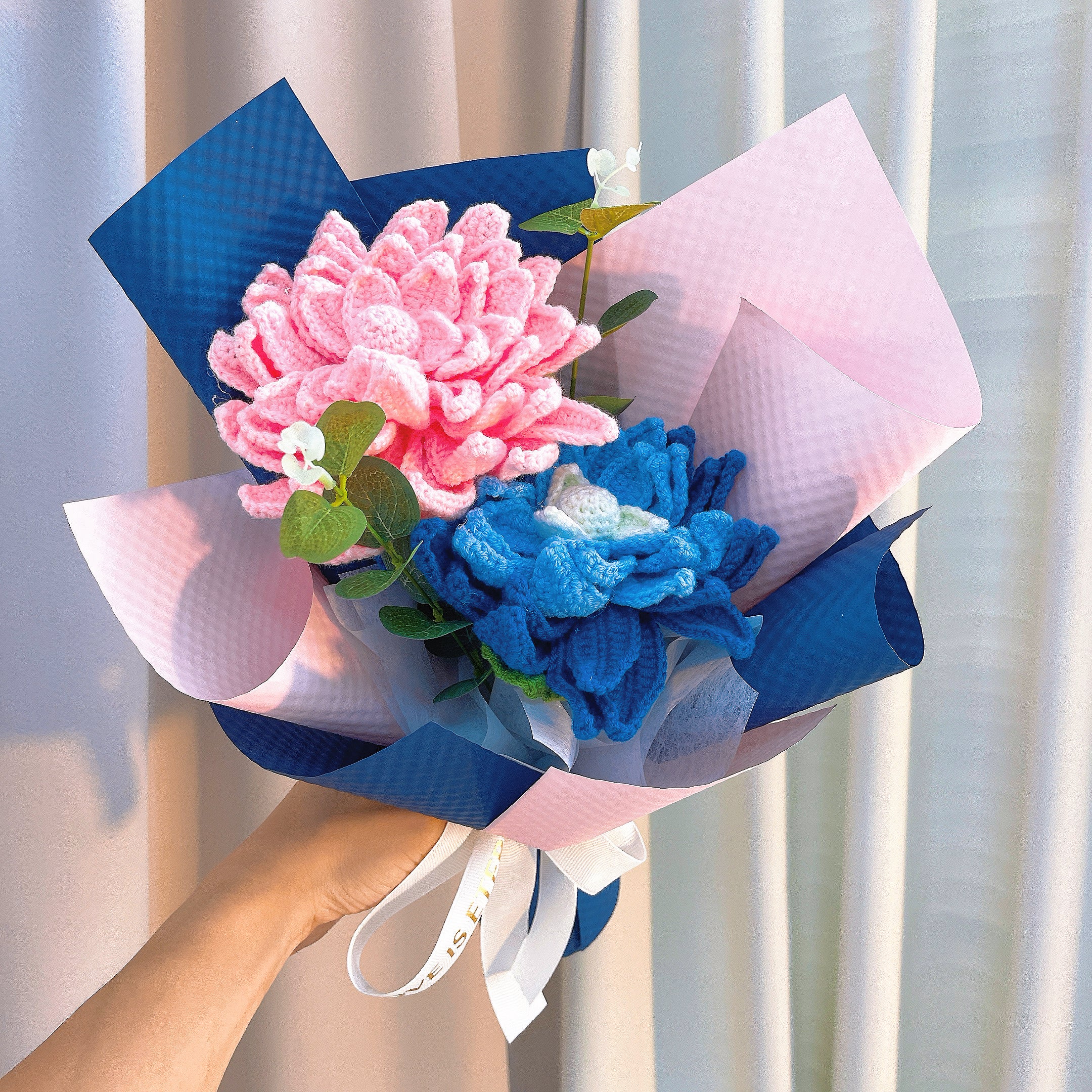 Hand Crochet Dahlia Bouquet - Hypoallergenic Artificial Pink & Blue Gradient Flowers, Gift Wrap - Allergy Free Home Decor for Wedding, Birthday, Anniversary, Mother’s Day