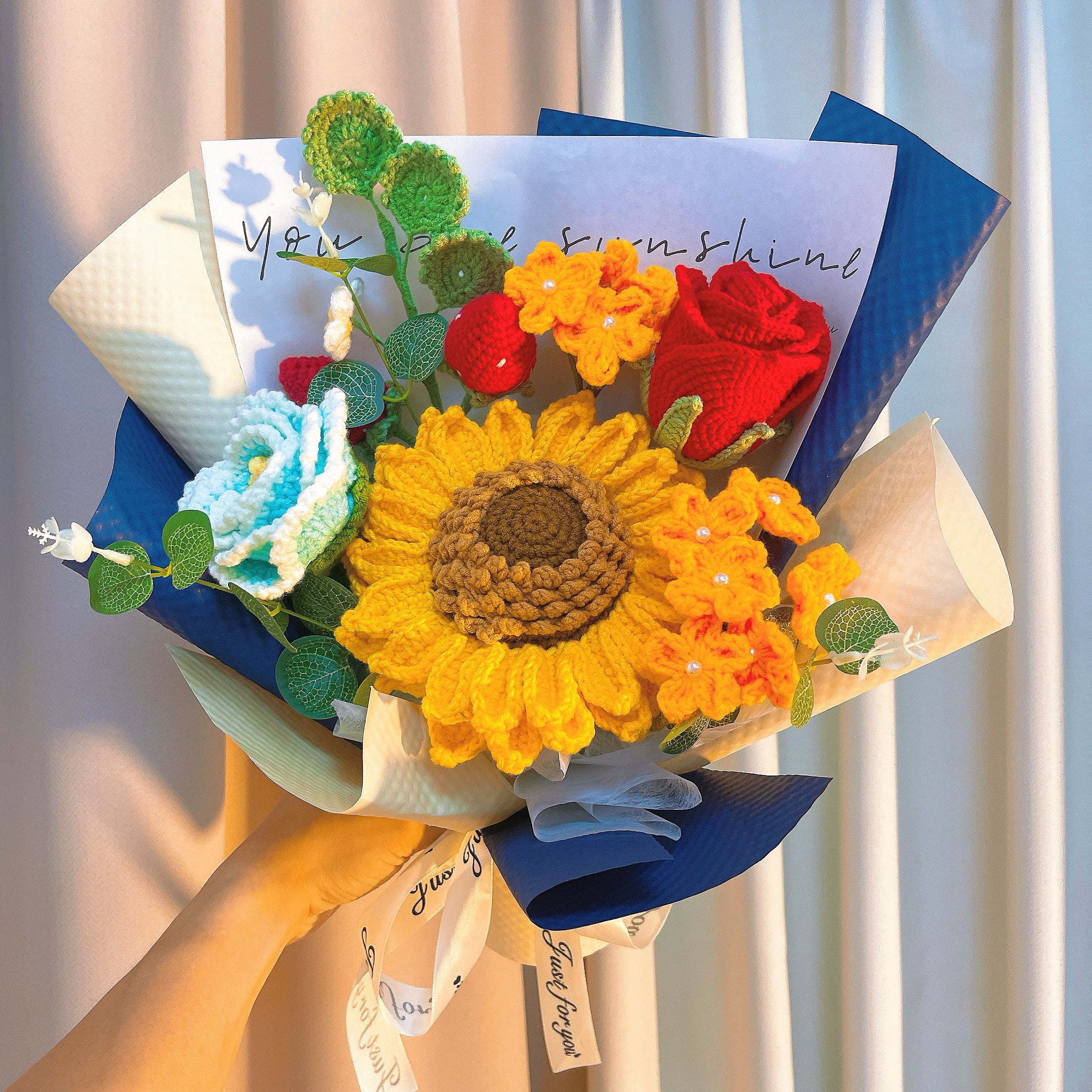 Handmade Crochet Sunflower Strawberry Flower Bouquet – Sunflower with Seeds, Red Strawberry Blossoms, Yellow Forget-Me-Nots, Burgundy Cup Roses, Mint Green Peony – Hypoallergenic, Everlasting Gift for Weddings, Mother’s Day, Home Decor