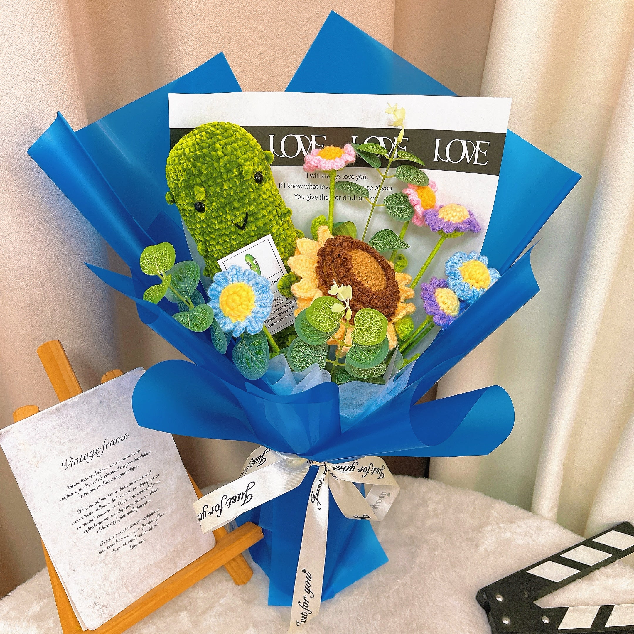 Crochet Flower Bouquet with Emotional Support Pickle - Sunflower Daisies Pickle with Custom Text - Allergy-Friendly Get Well Soon Gifts, Birthdays, Supportive