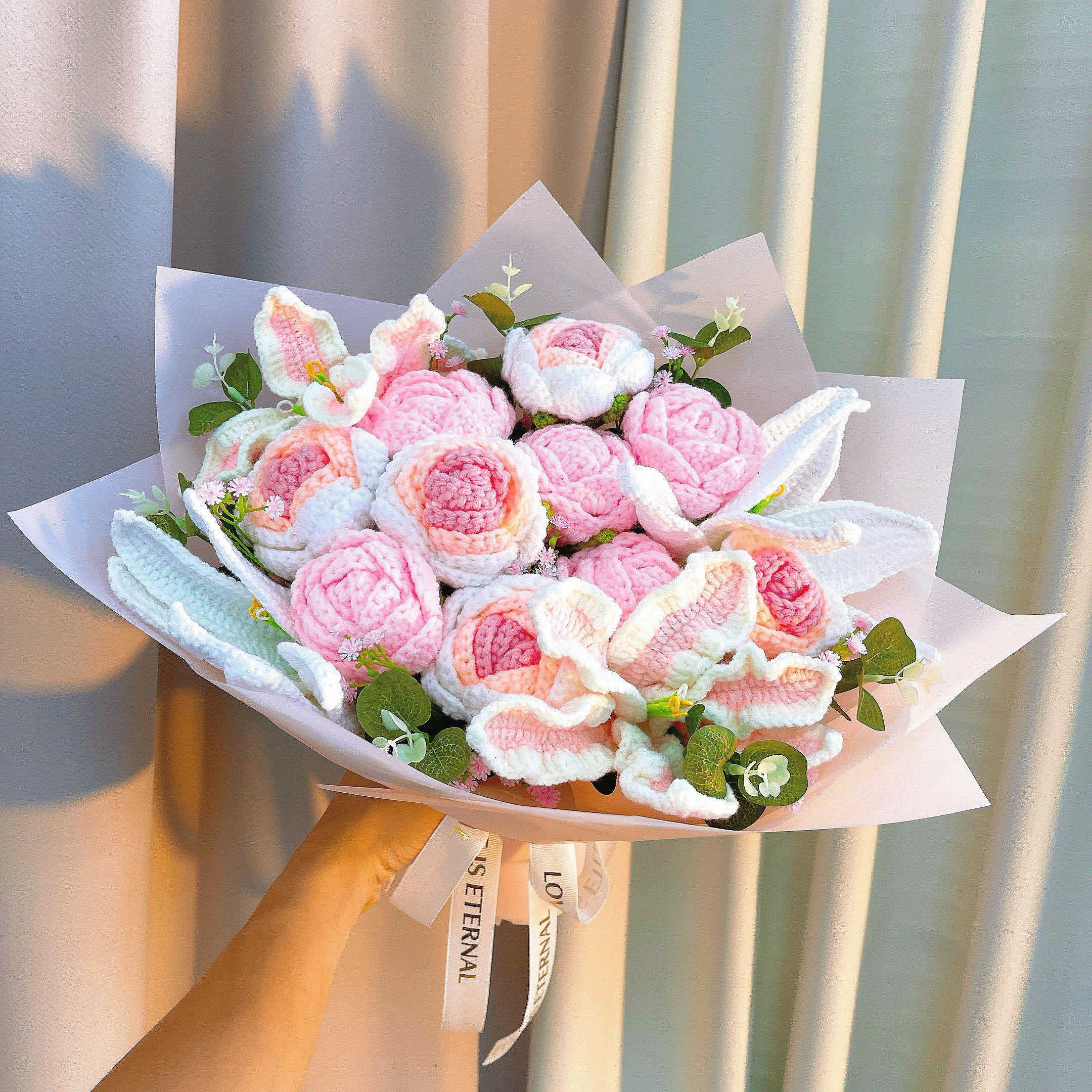 Crochet Pink & White Floral Bouquet - Handmade Hypoallergenic Lily, Rose, Baby's Breath - Allergen-Free Gift for Mother's Day, Wedding, Birthday, Home Decor