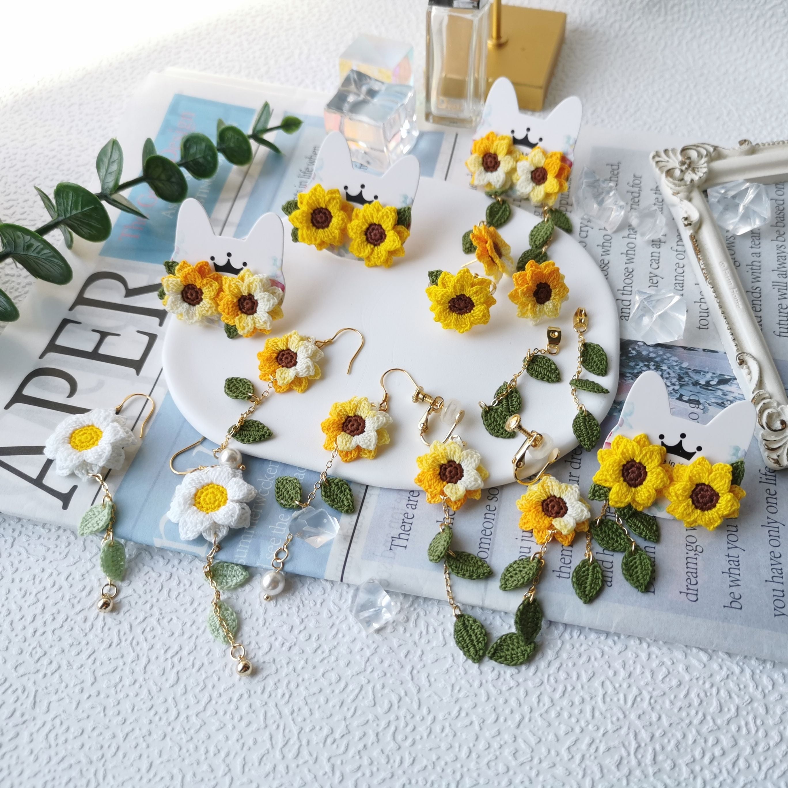 Sunflower Crochet Earrings & Rings - Handmade Lace Thread Micro Crochet Floral Ear Hooks, Studs, Dainty Rings - Hypoallergenic Flower Jewelry, Gift for Women, Boho Chic Accessories
