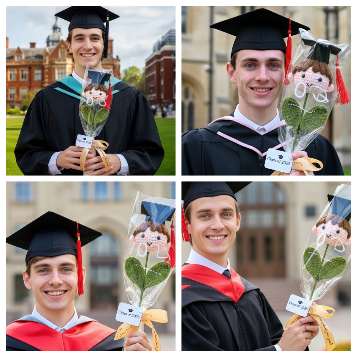 Customizable Crochet Graduation Doll Flower Mini Bouquet - Pride Graduate Customizable Text with 3 Hair Colors, Customizable "Class of 2025" Card, Clear Wrap & Ribbon - Hypoallergenic Gift for Graduation, Teacher Appreciation & School Events