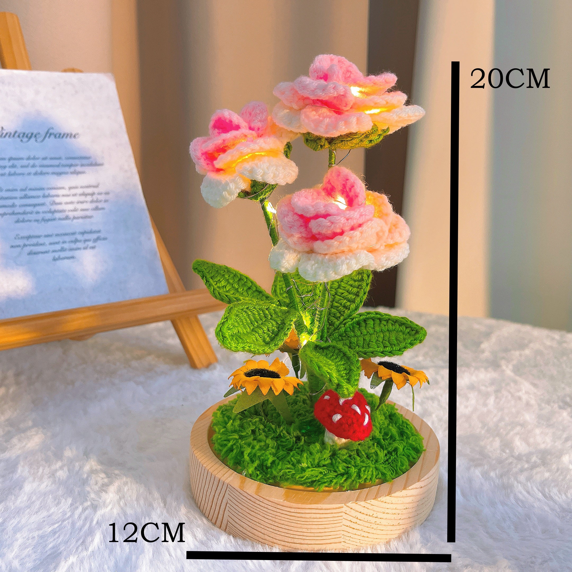 Handmade Crochet Rose Lamp - 3-Piece Customizable Pointed Roses with Wooden Base, Battery-Powered, Optional Glass Dome, Sunflower & Mushroom Accents for Desk/Bedroom Decor