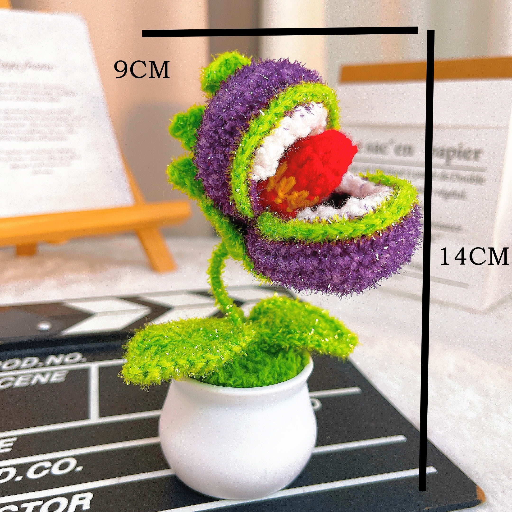 Handmade Crochet Piranha Plant Planter - Purple & Red-Yellow Tongue Potted Piranha Flower with Leaves, White Plastic Pot, Hypoallergenic Desk Decor for Gamers, Halloween & Unique Gifts
