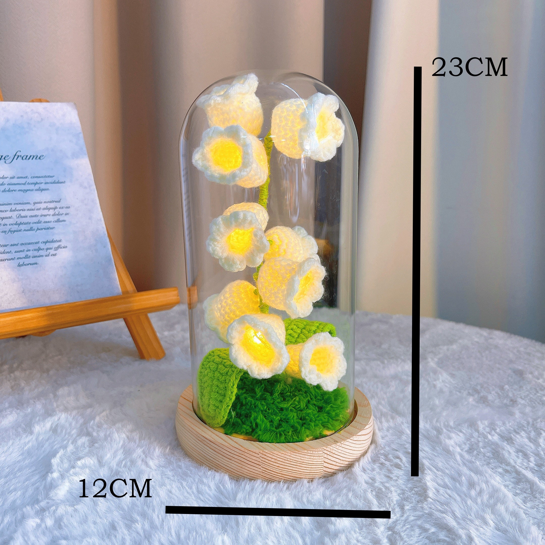 Handmade Crochet Lily of the Valley Lamp - 10-Piece Customizable Floral Light with Wooden Base, Battery-Powered, Optional Glass Dome, Hypoallergenic Desk/Bedroom Decor