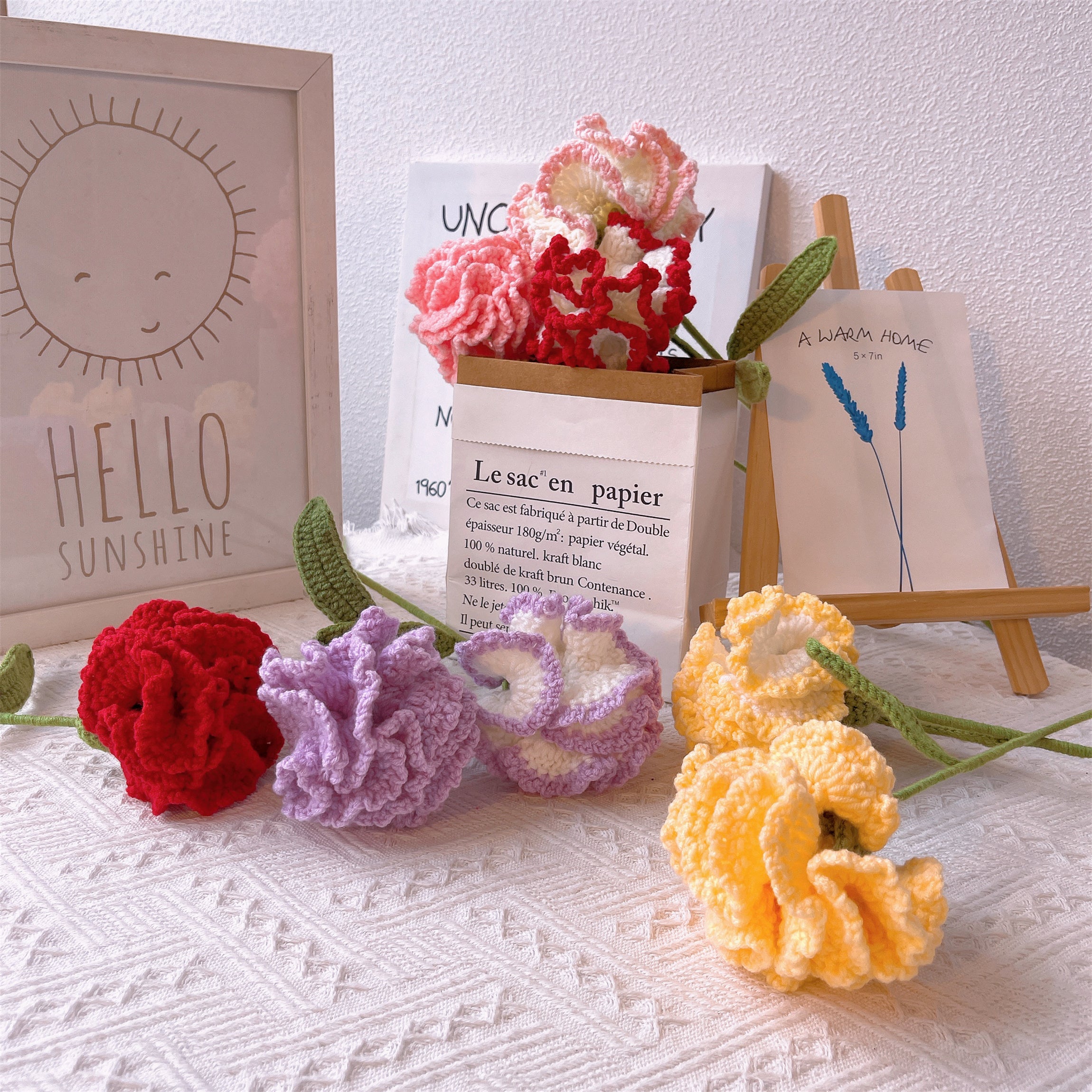 January Birth Month Carnation Bouquet - Birthday Flower Celebration Hand-Crocheted Single Stem Bouquet