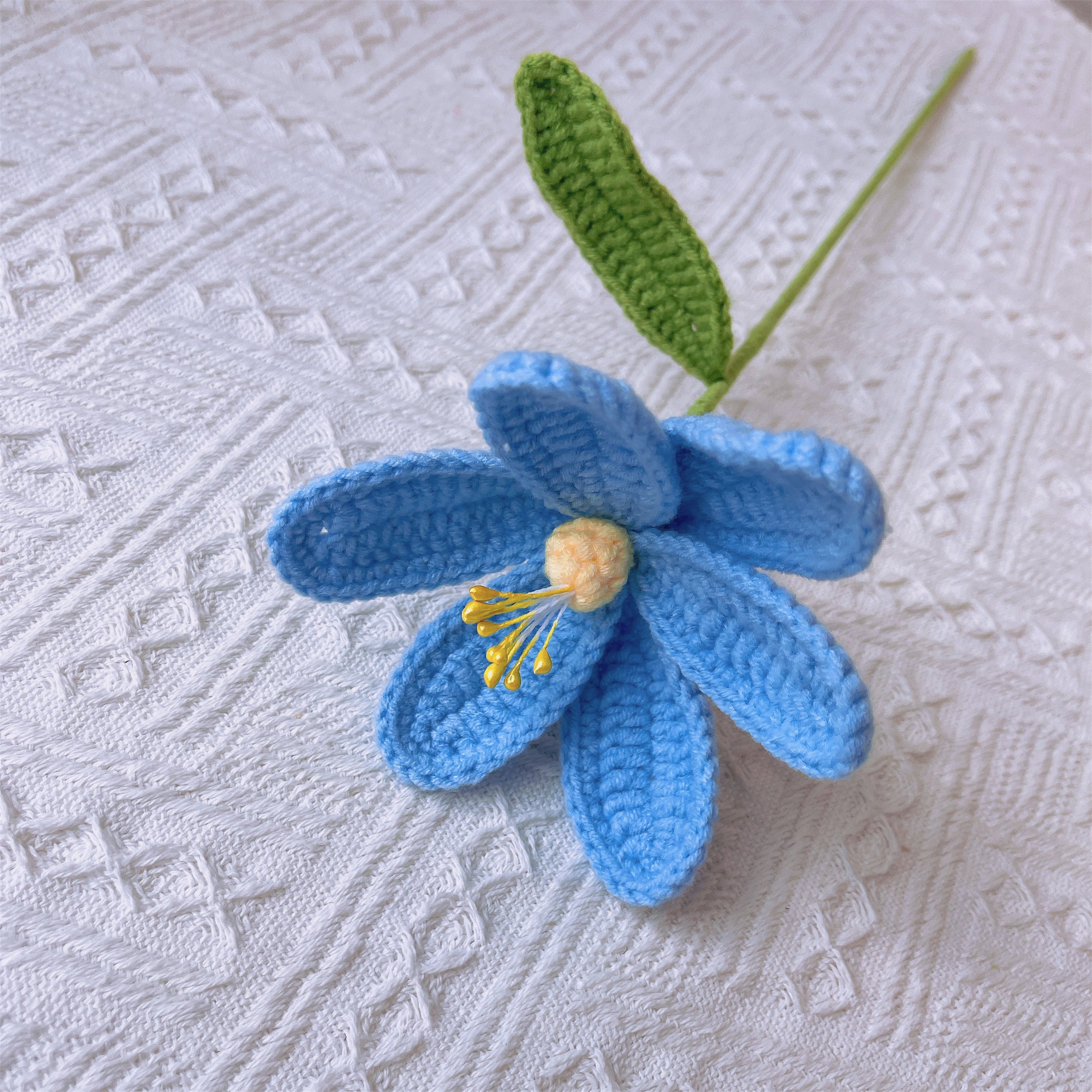 Handmade Crocheted Blue Flower Bouquet with Roses, Lilies, Eucalyptus, Tulips, and Forget-Me-Nots