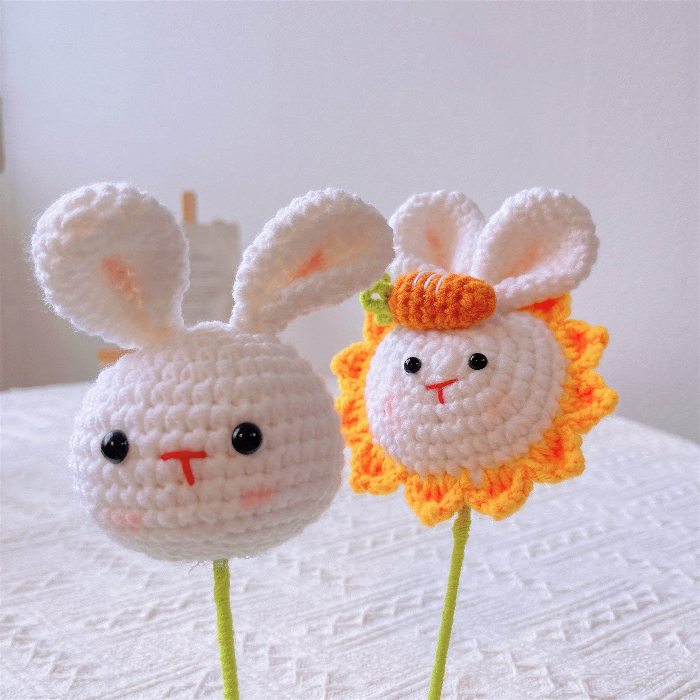 Bunny Bliss: Handcrafted Crochet Cute Bunny Head Stake with Bunny and Sunflower Finish for a Whimsical Garden Decor