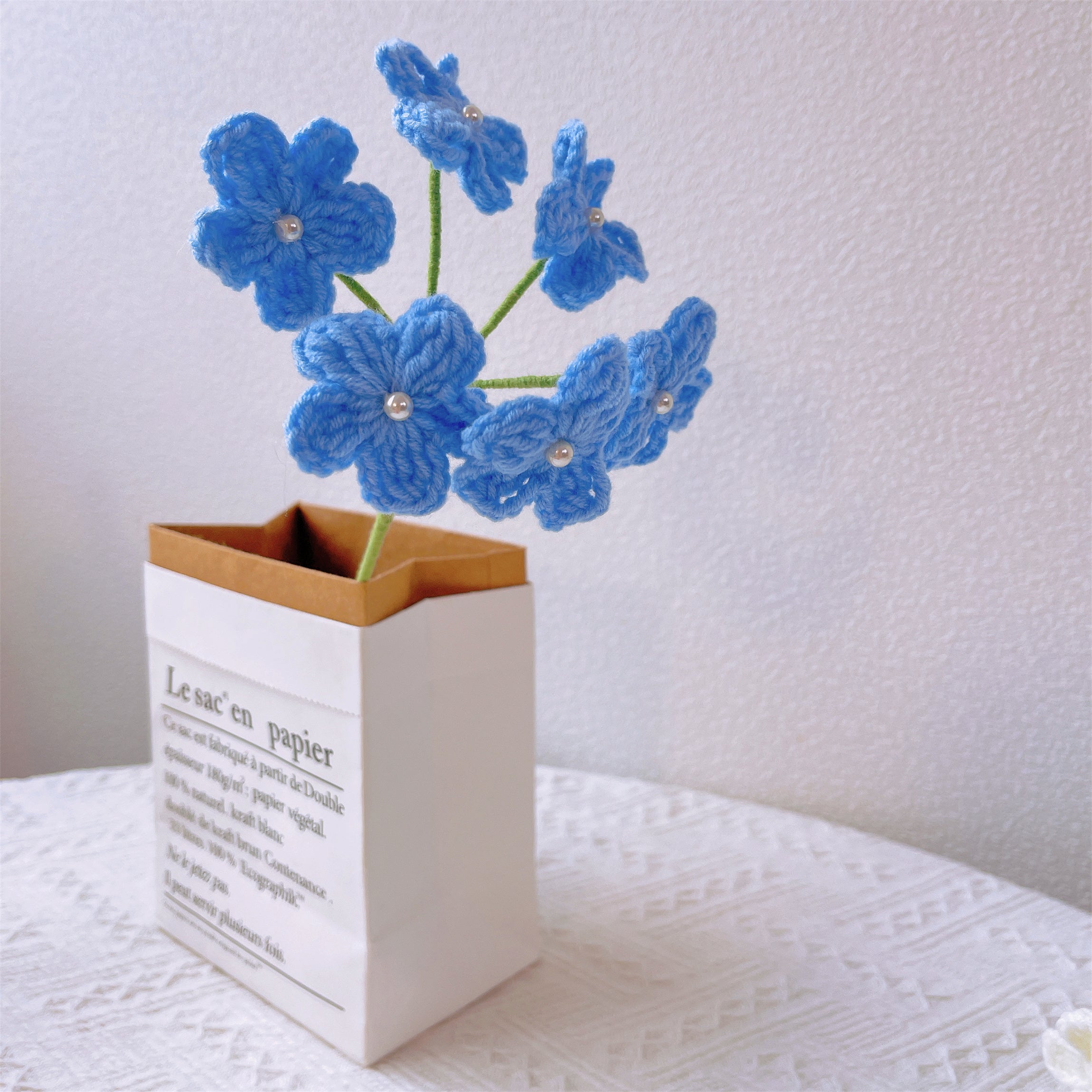 Handmade Crocheted Blue Flower Bouquet with Roses, Lilies, Eucalyptus, Tulips, and Forget-Me-Nots