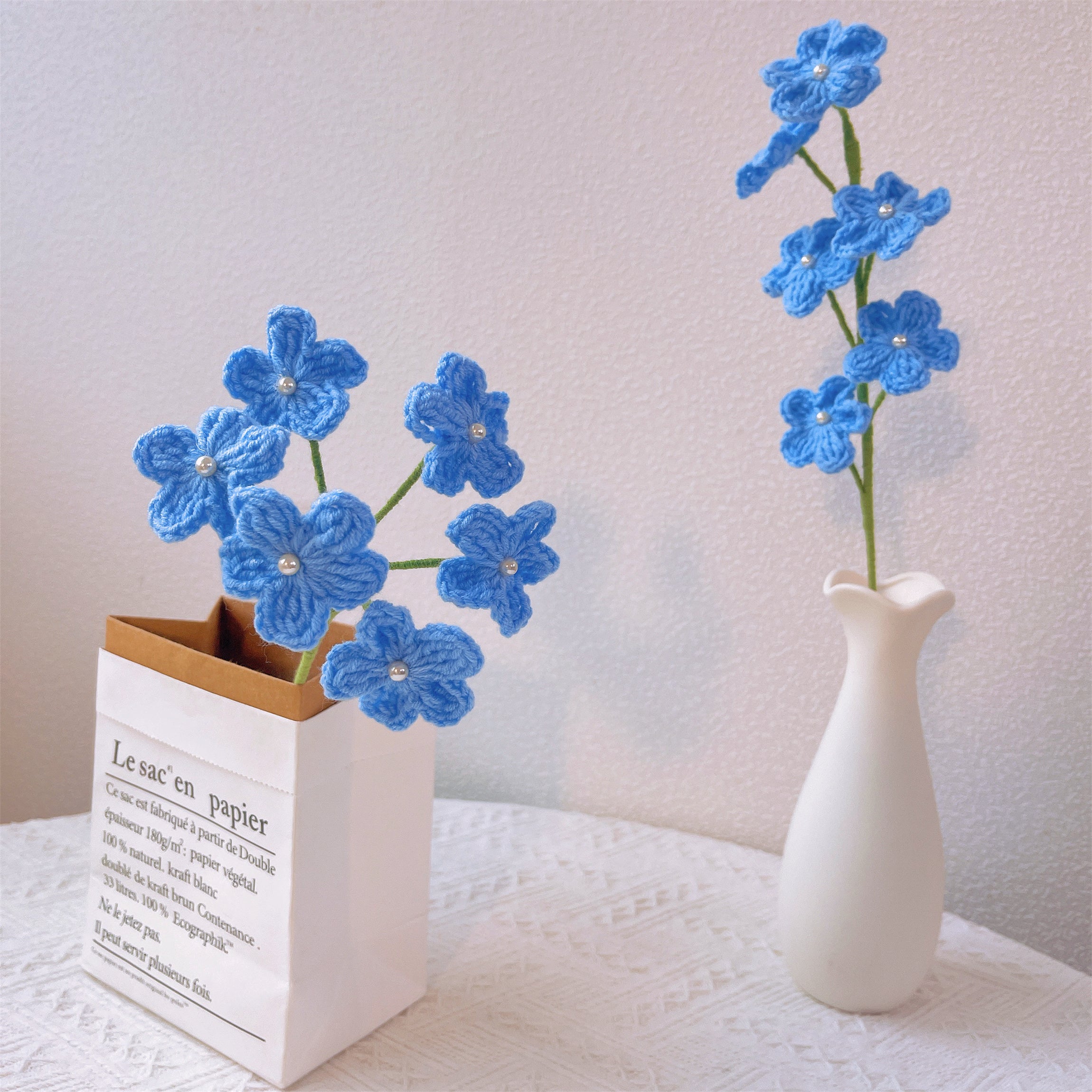 Crochet Forget-me-not Knitted Flowers - Bouquet Arrangement, Flowers for Vase, Table Decor, Centerpiece, Wedding Decoration, Unique Decor