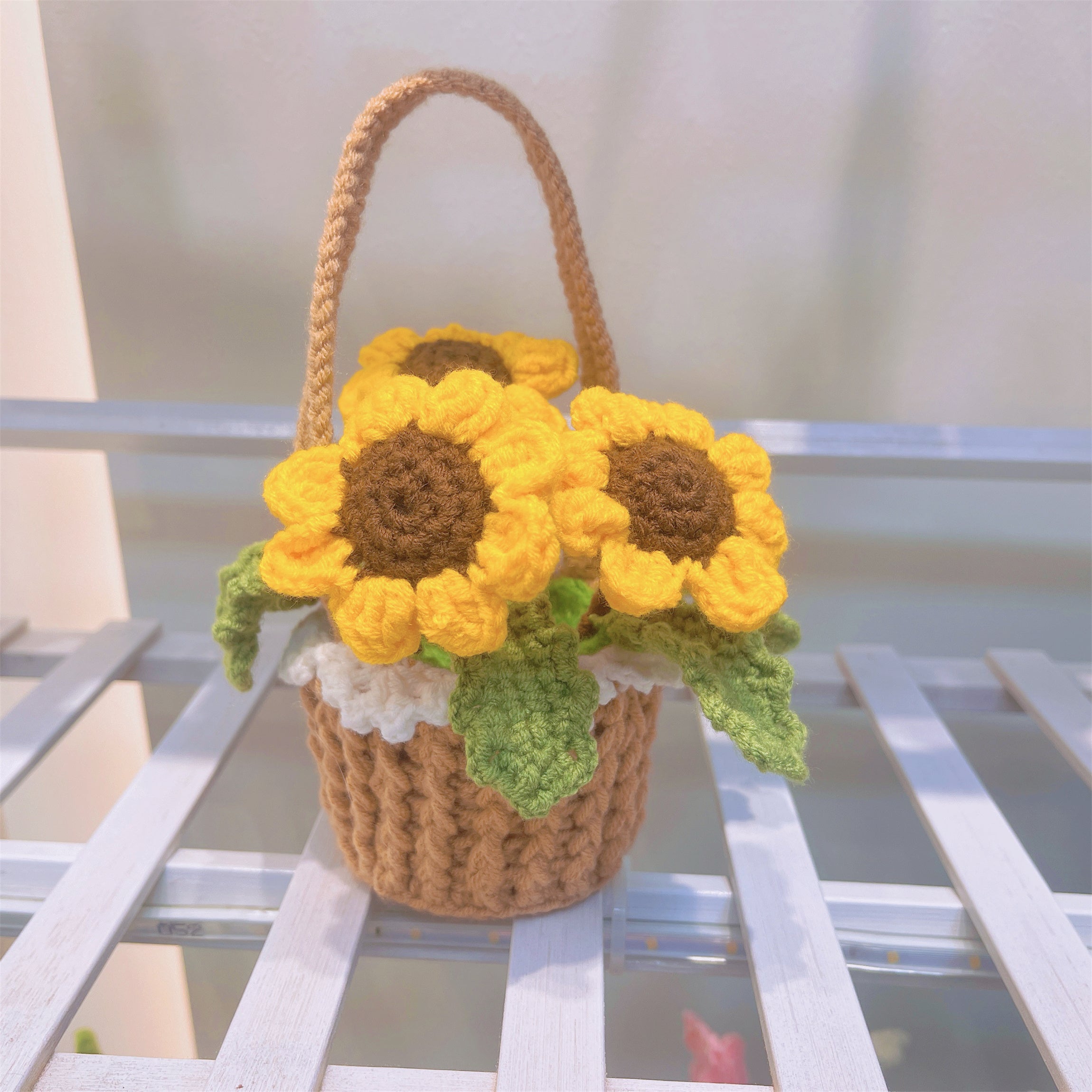 Boho Crochet Sunflower Basket - Handcrafted Home Decoration