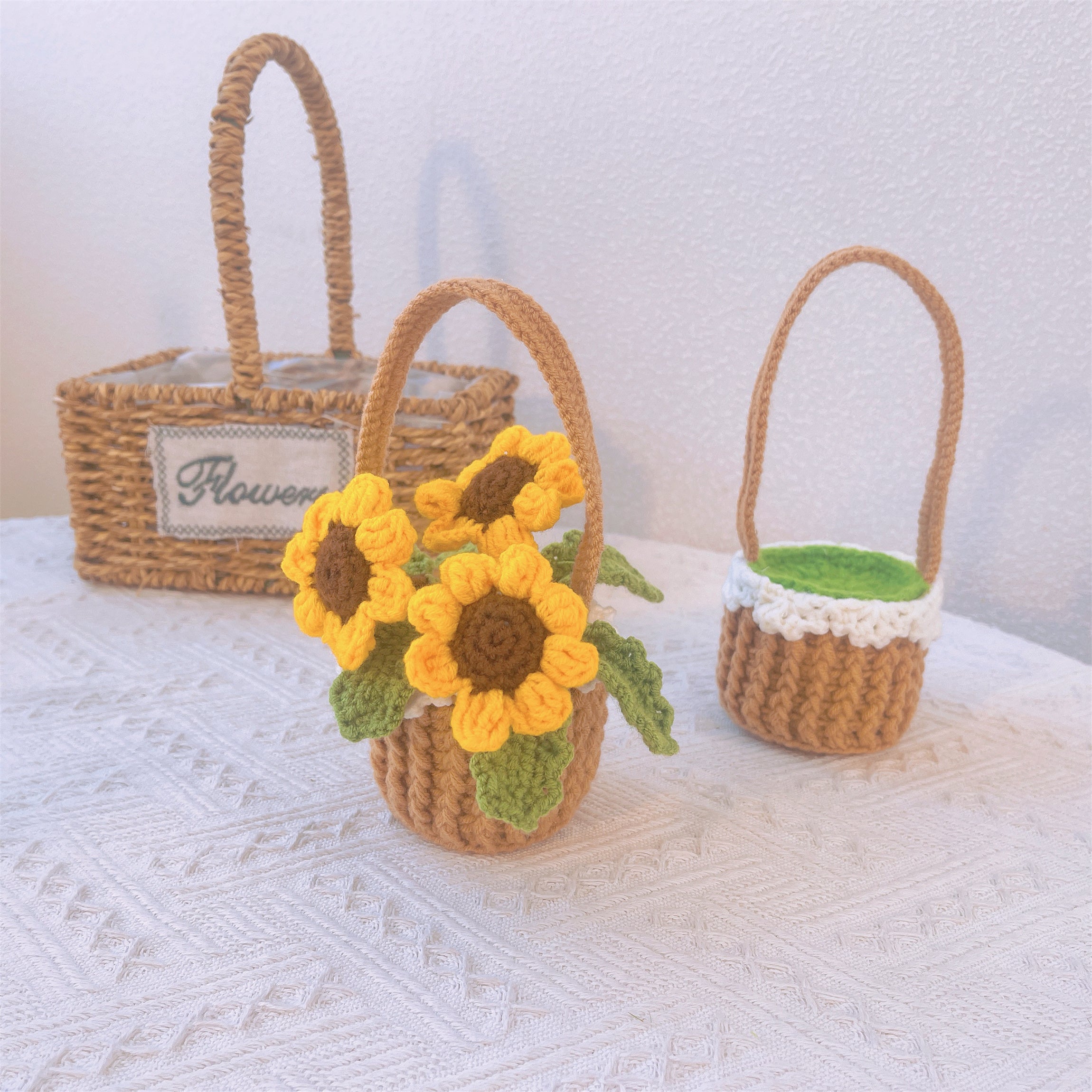 Boho Crochet Sunflower Basket - Handcrafted Home Decoration