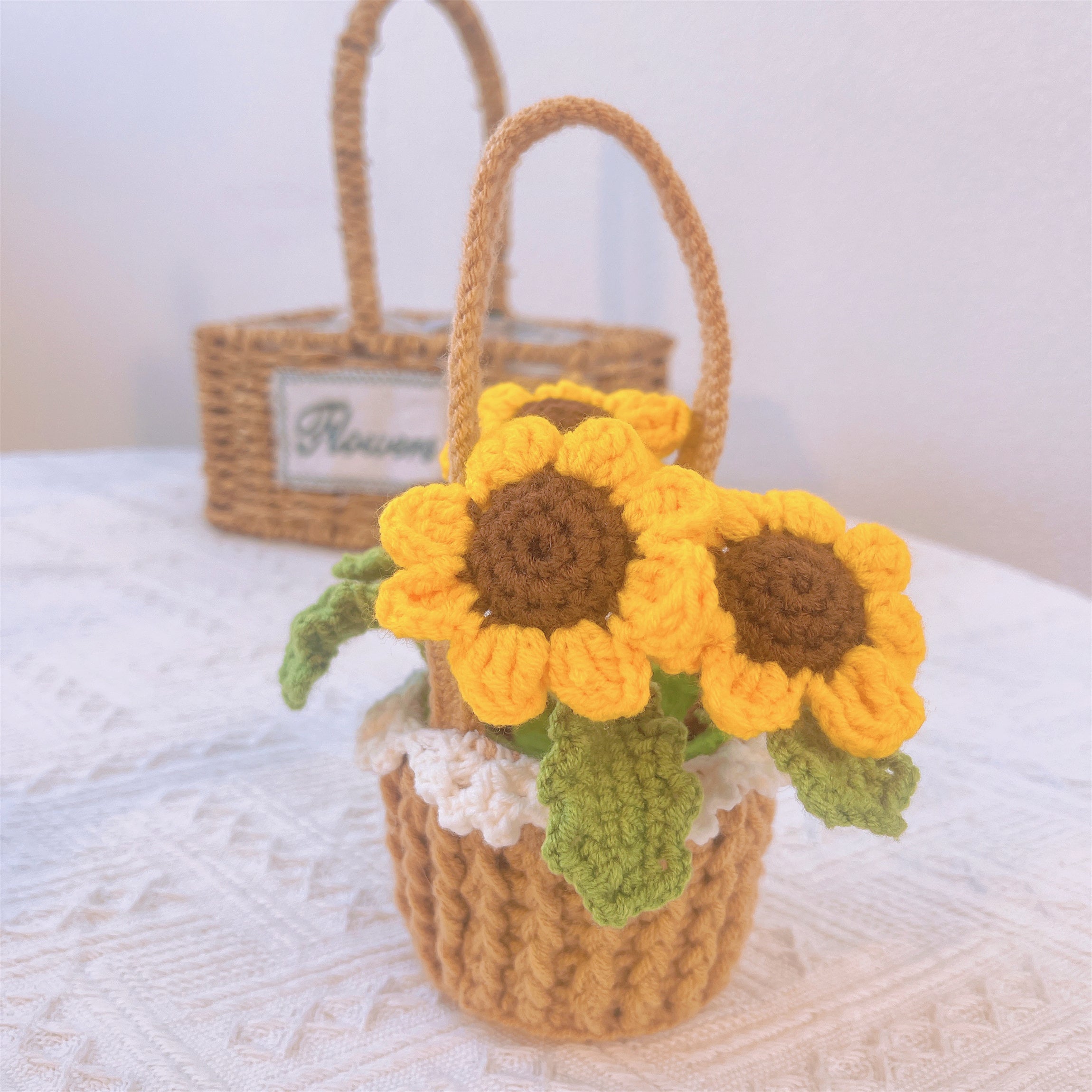 Boho Crochet Sunflower Basket - Handcrafted Home Decoration