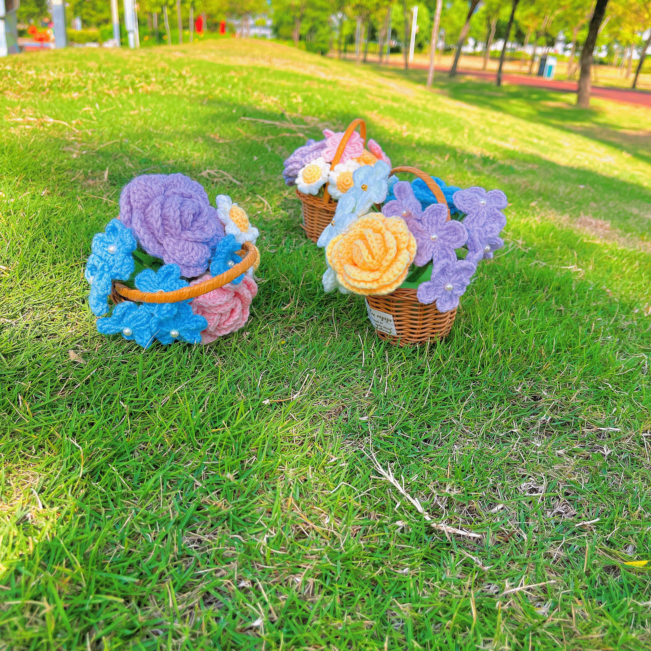 Handmade Rattan Basket with Crochet Flower Assortment - Rustic Home Decor Accent