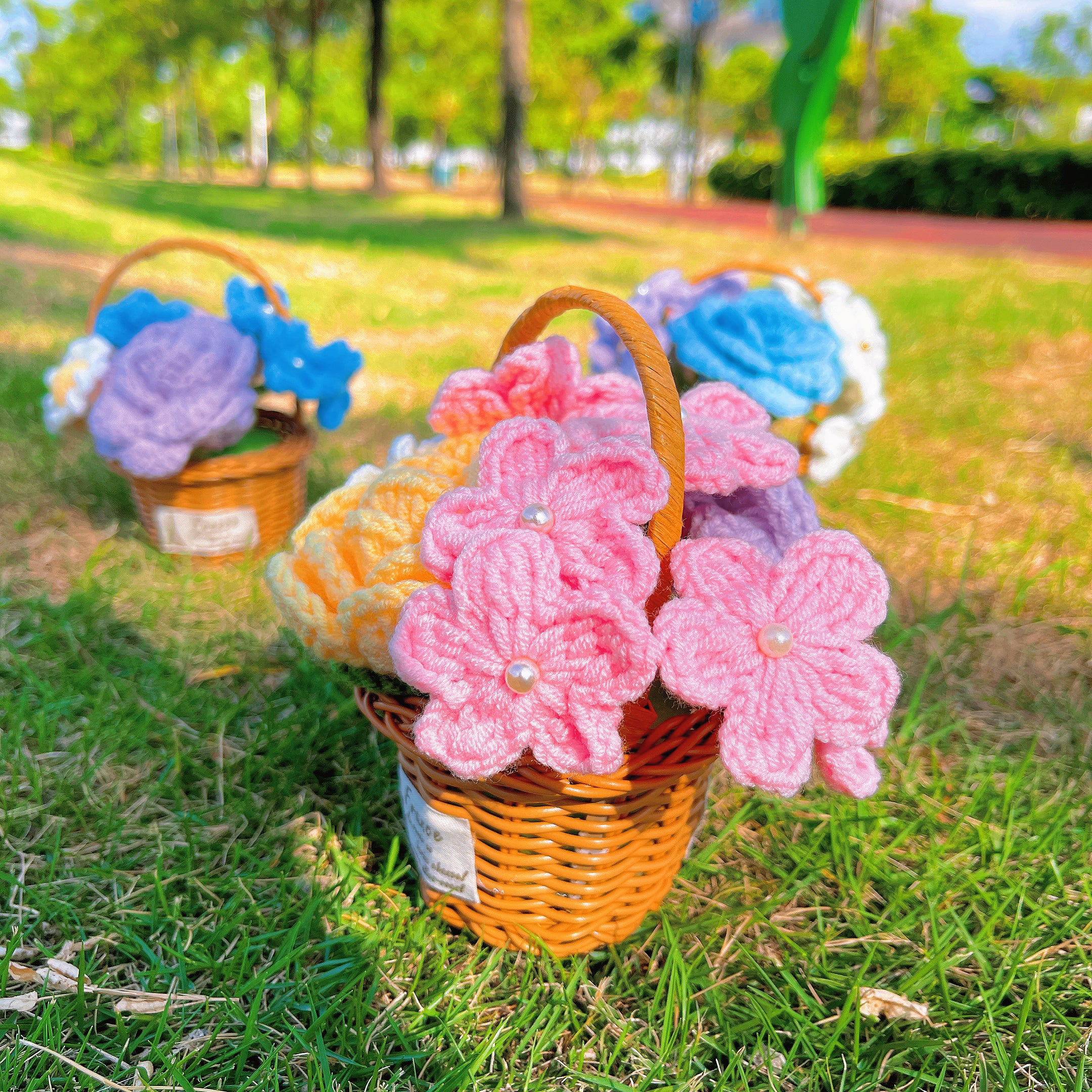 Handmade Rattan Basket with Crochet Flower Assortment - Rustic Home Decor Accent