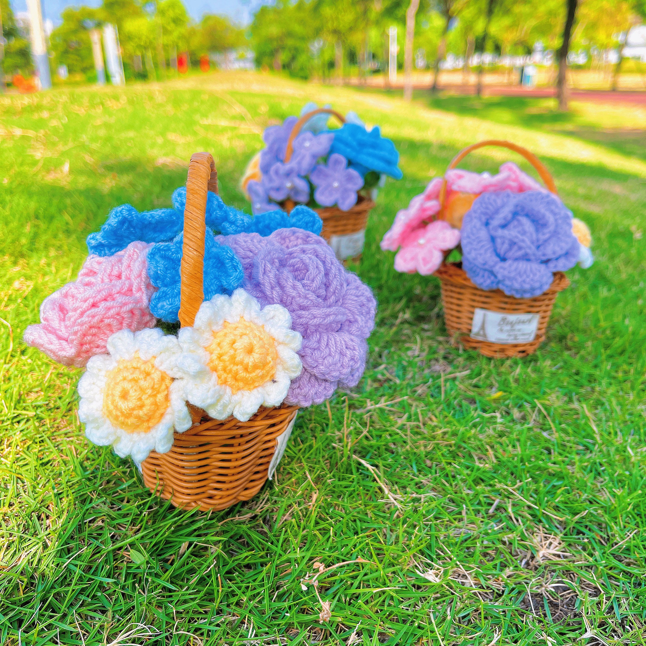 Handmade Rattan Basket with Crochet Flower Assortment - Rustic Home Decor Accent