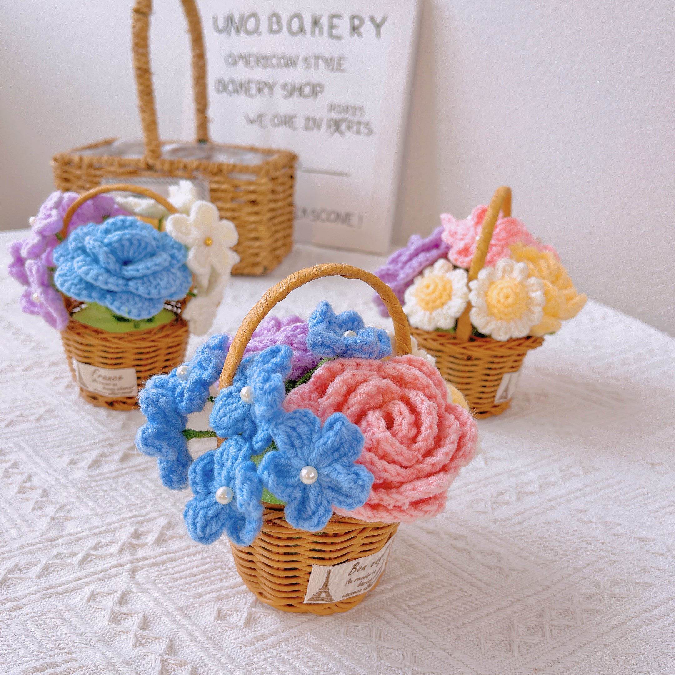 Handmade Rattan Basket with Crochet Flower Assortment - Rustic Home Decor Accent