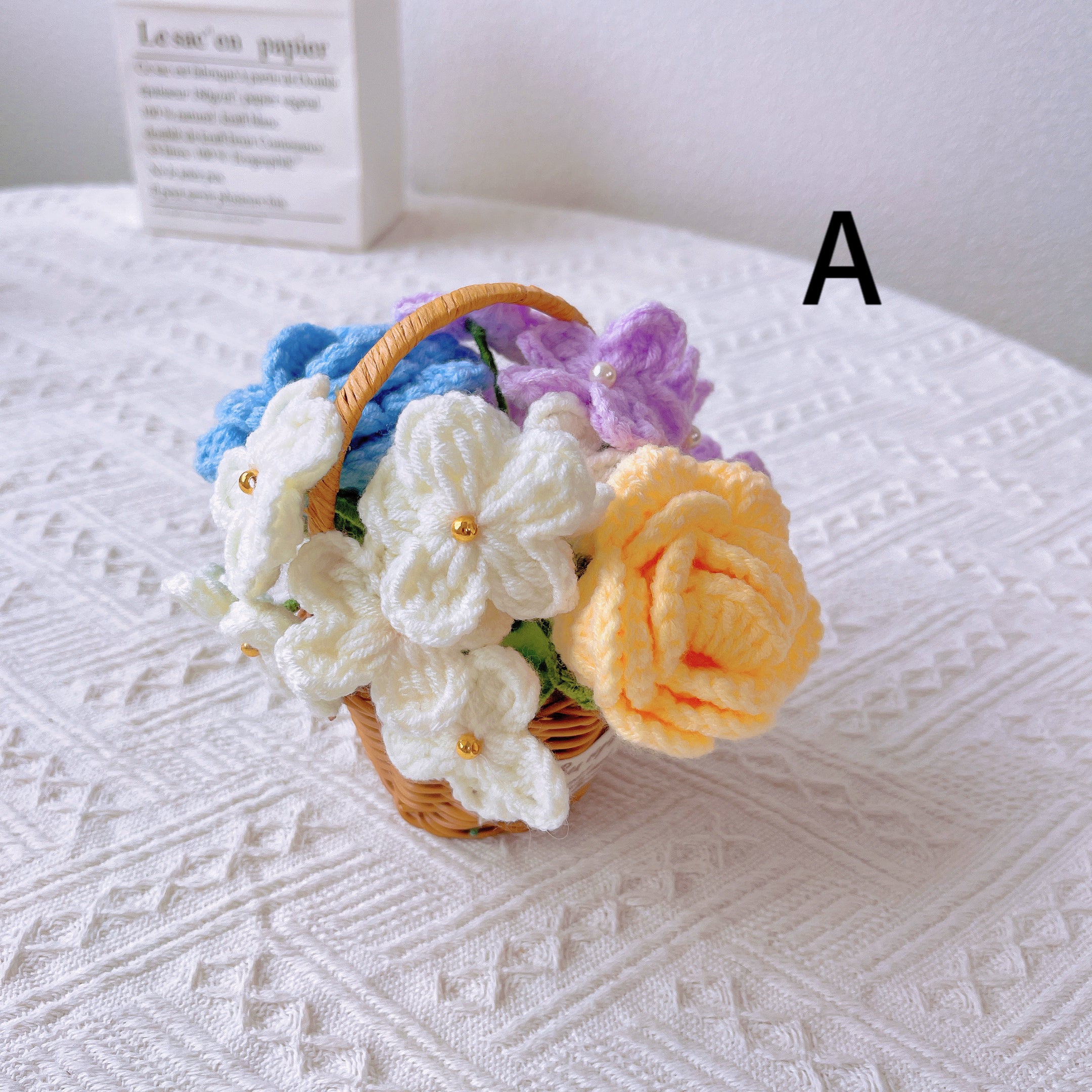 Handmade Rattan Basket with Crochet Flower Assortment - Rustic Home Decor Accent