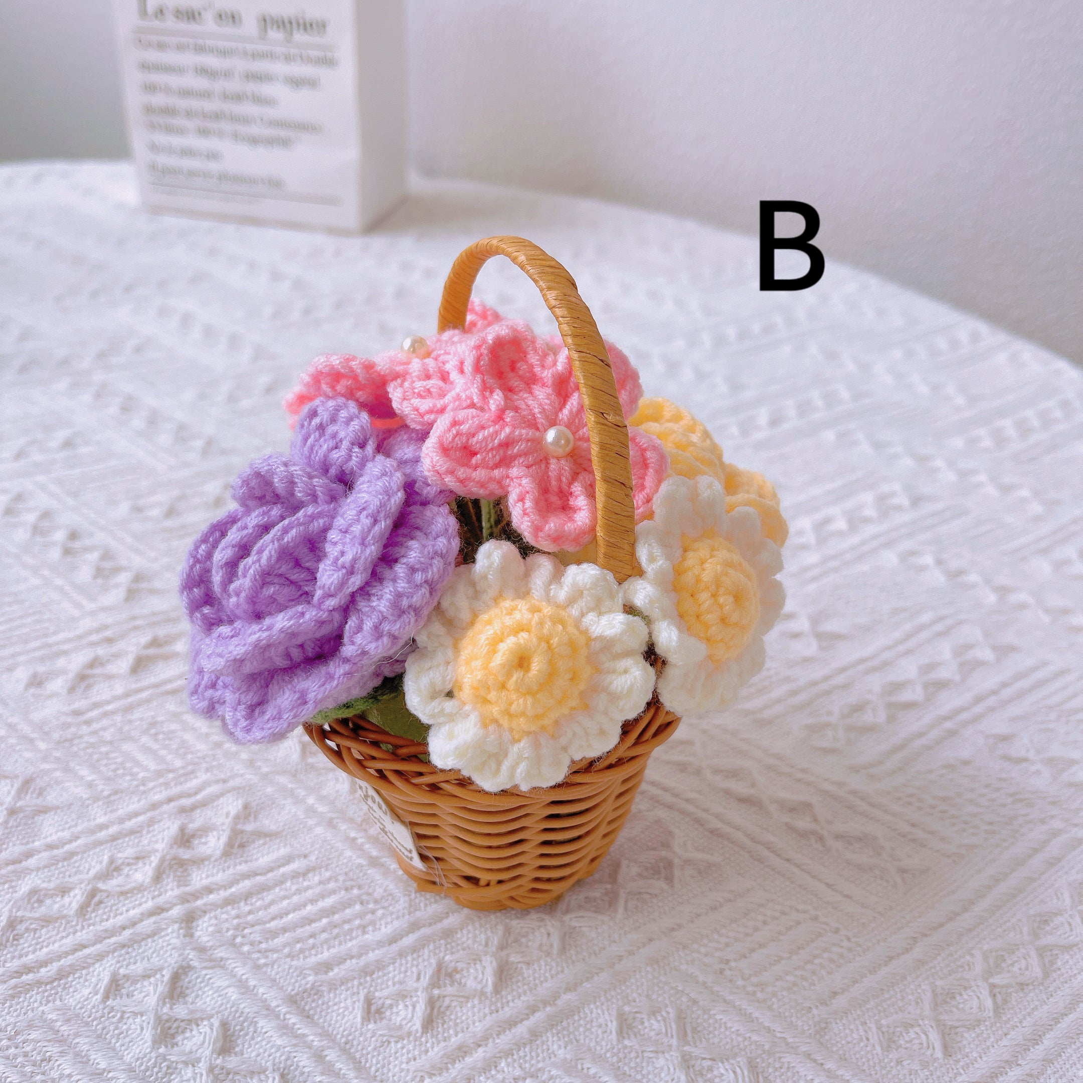 Handmade Rattan Basket with Crochet Flower Assortment - Rustic Home Decor Accent