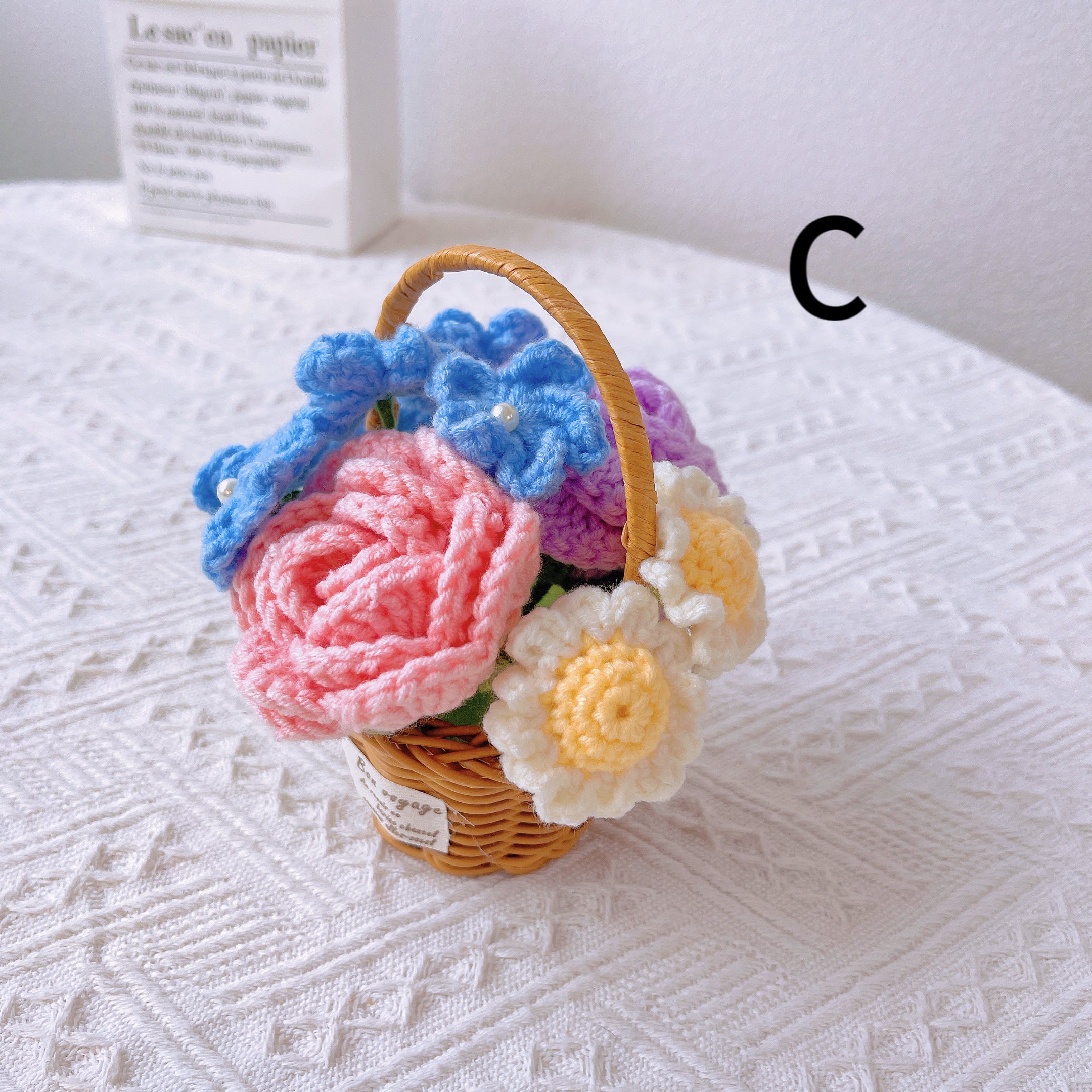 Handmade Rattan Basket with Crochet Flower Assortment - Rustic Home Decor Accent