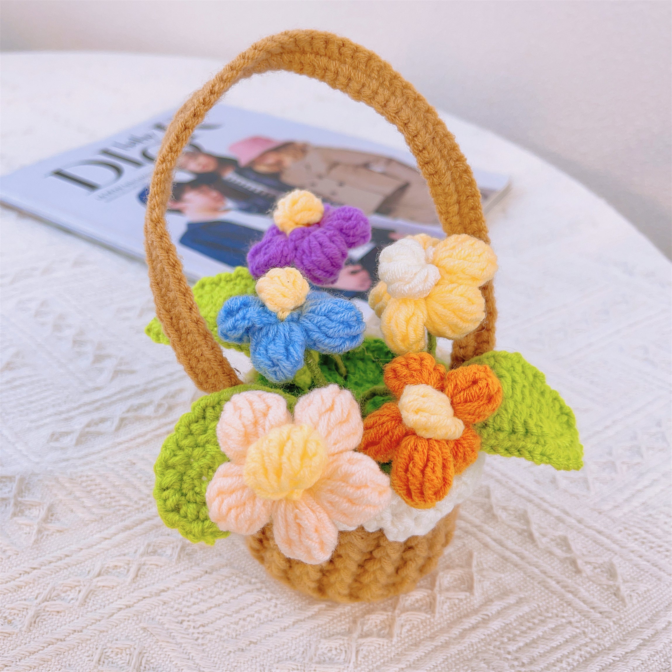Boho Crochet Sunflower Basket - Handcrafted Home Decoration