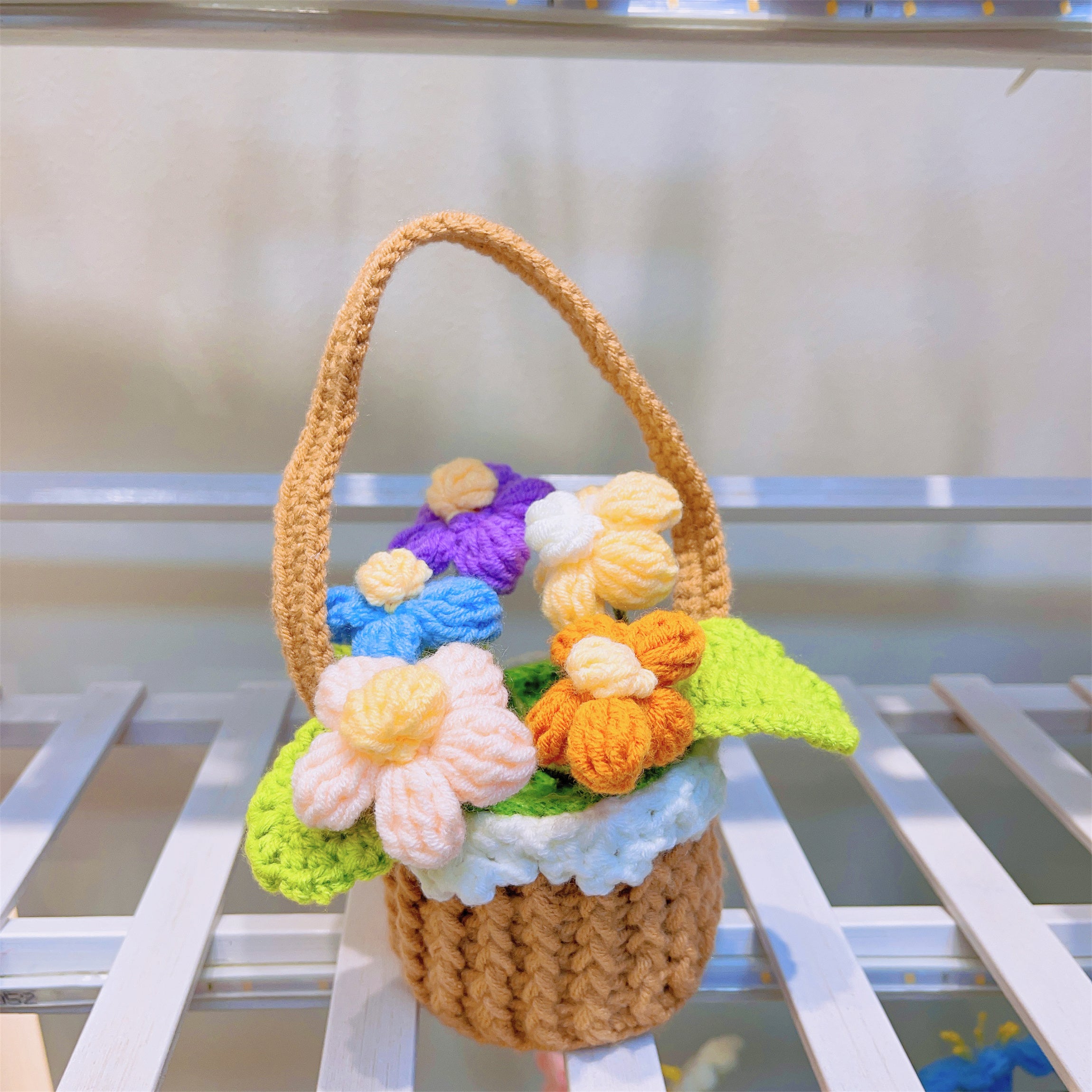 Boho Crochet Sunflower Basket - Handcrafted Home Decoration