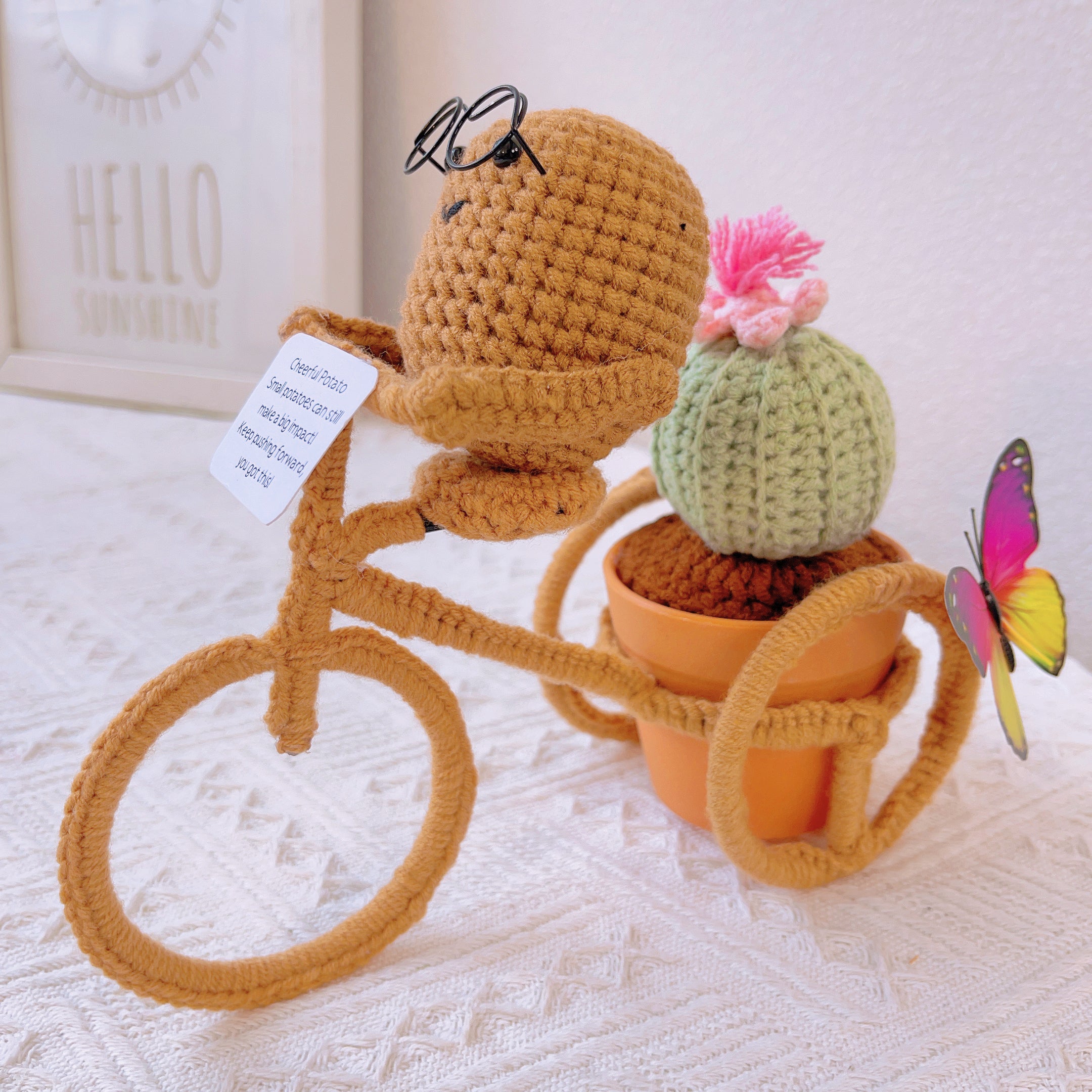 Hand-Crocheted Cheerful Potato Succulent Cactus Bicycle Décor - Unique Home Decoration Centerpiece Birthday Gift Desk Workspace