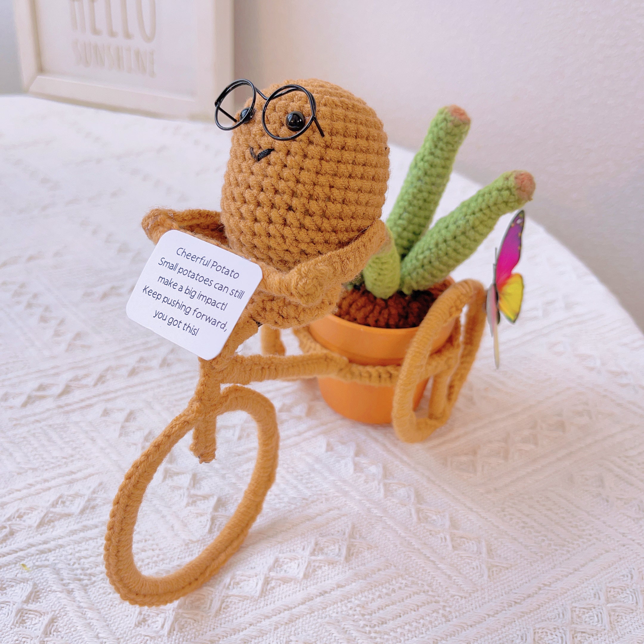 Hand-Crocheted Cheerful Potato Succulent Cactus Bicycle Décor - Unique Home Decoration Centerpiece Birthday Gift Desk Workspace