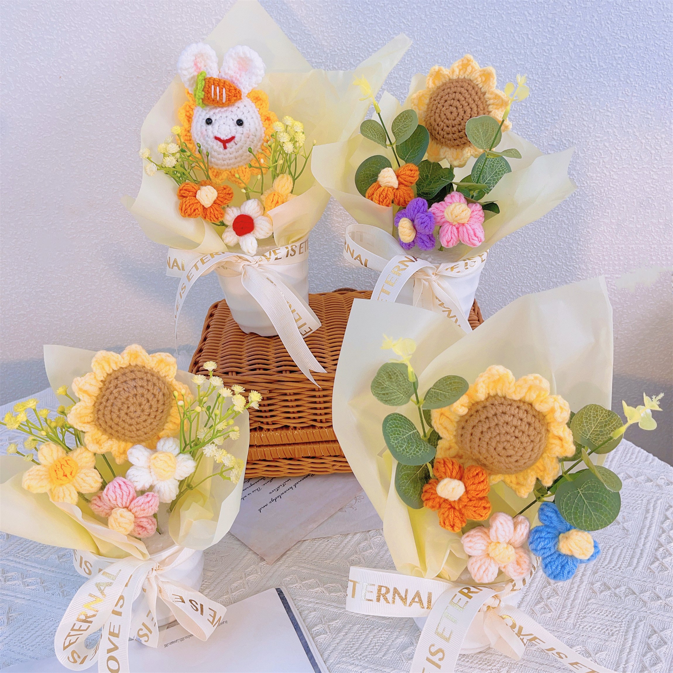 Handcrafted Knitted Plant Pot Set: Vibrant Sunflowers & Delicate Puffballs - Ideal for Home Decor, Gift Giving, and Special Occasions