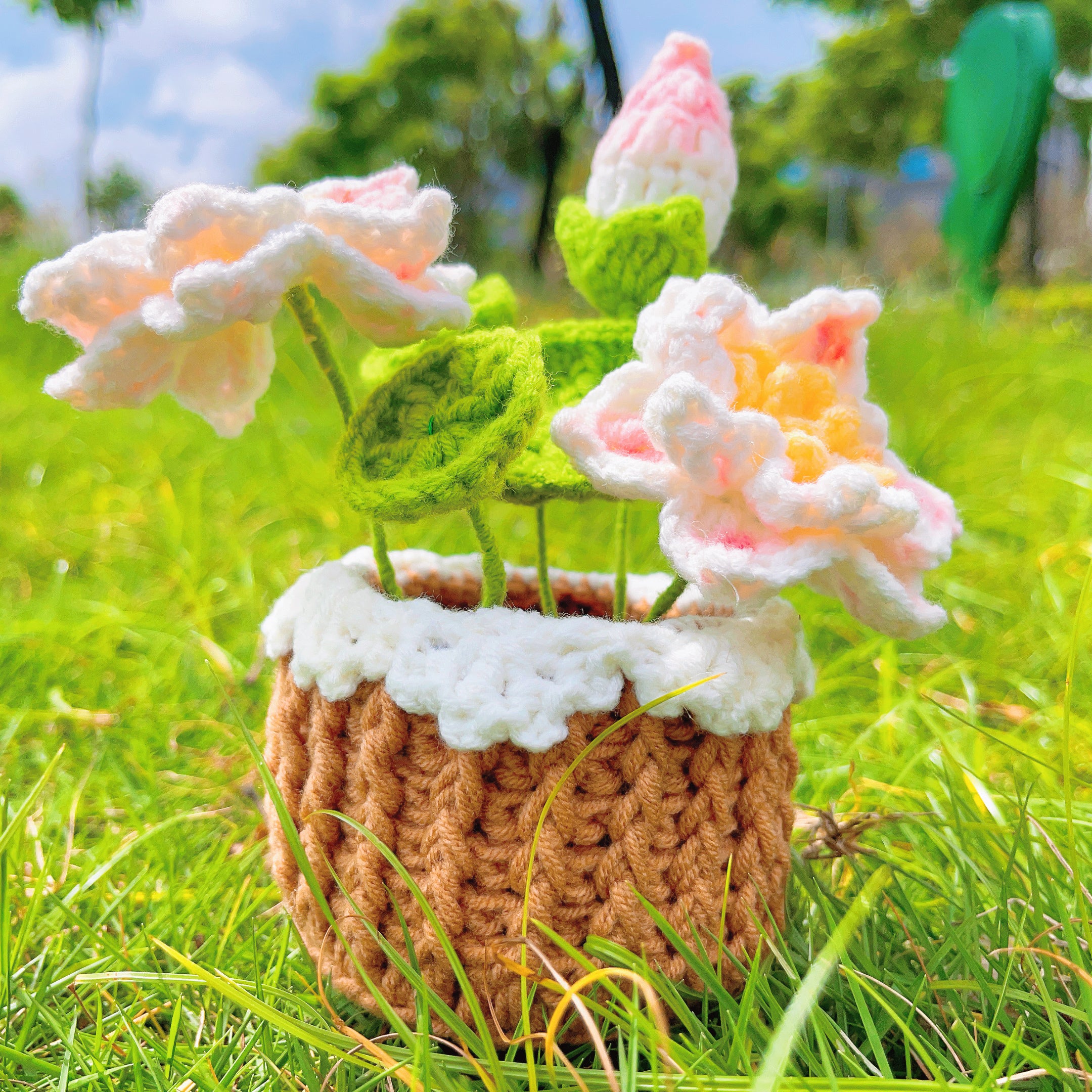 Boho Crochet Sunflower Basket - Handcrafted Home Decoration