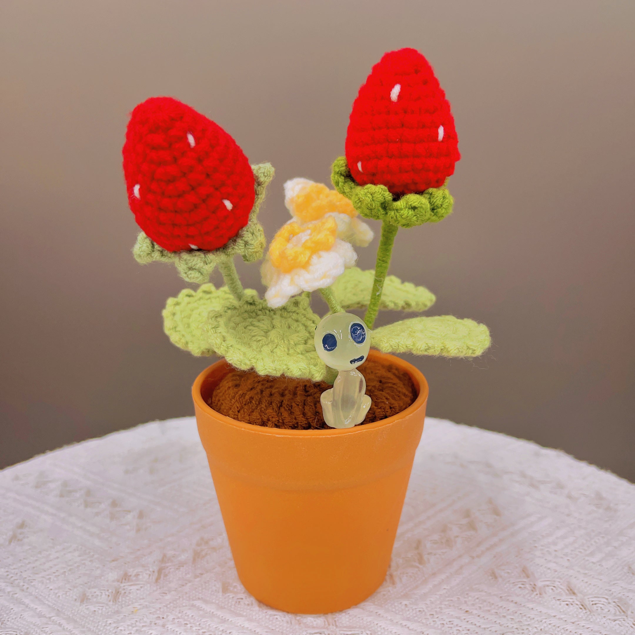 Handmade Strawberry Crochet Pot Plant - Cute Home Decor - Perfect Gift for Plant Lovers - Realistic Faux Plant w/ Soft Glow - Handcrafted