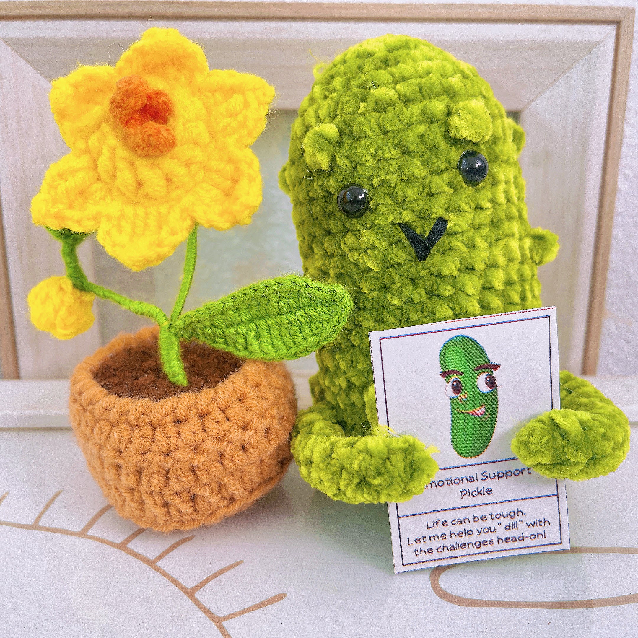 Handcrafted Crochet Supportive Pickle and Blossomed Pot Bundle Set (Custom / Personalized Text Available) - Surgery Recovery Get Well Soon Hospitalization Post Care Congrats Cute Birthday Gift