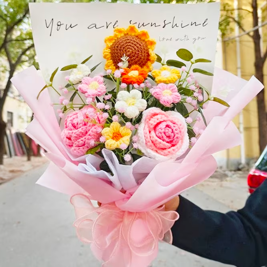 Handcrafted Crochet Radiant Bloom Bouquet - Pink Bouquet of Roses, Sunflowers, and Puffs - Delicate, Romantic, and Perfect for Any Special Occasion