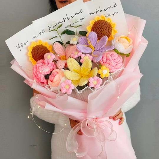 [Shipped from US]Handmade Crocheted Spring Radiance Bouquet - Vibrant Assortment of Roses, Sunflowers, Puffs, Carnations, and Tulips