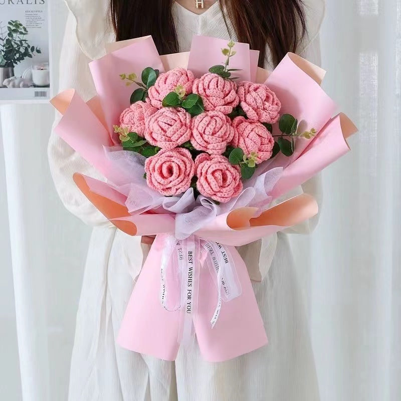 Handmade Crocheted Rosy Prosperity Bouquet - 9 Pristine Pinks - A Symbol of Elegance and Love