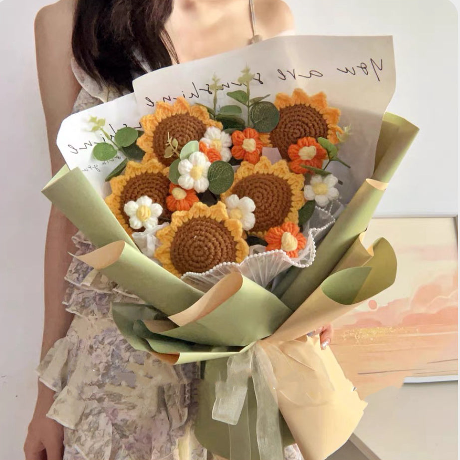 Handmade Crocheted Bouquet of Sunflowers and Puffy Flowers - Thoughtful Gifts Home Centerpiece Decor
