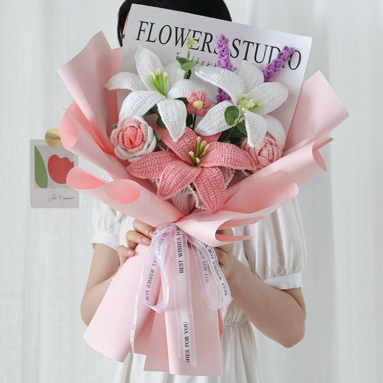 Handmade Crocheted Bouquet of Roses, Lilies, Lavender & More - Beautiful PINK Arrangement