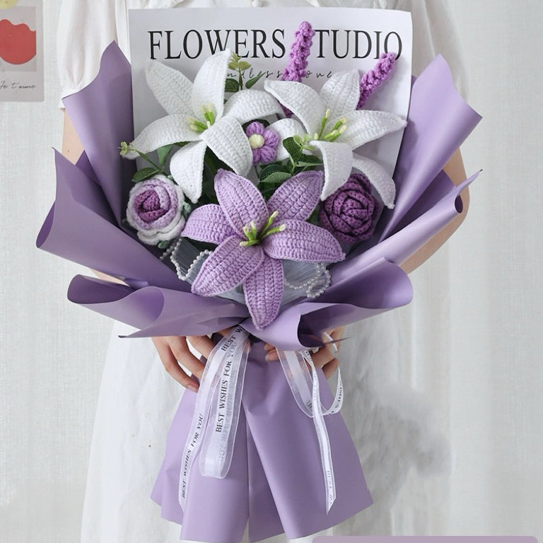 Handmade Crocheted Purple Flower Bouquet with Lilies, Roses, Lavender & More