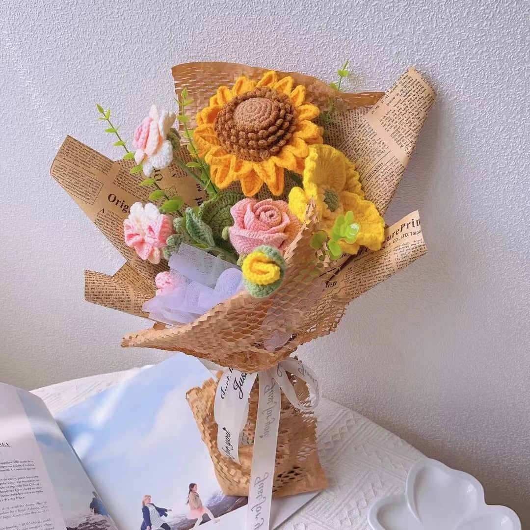 Handmade Crocheted Floral Tapestry Bouquet of Roses, Wine Cup Roses, Double Sunflowers, and Impressive Daylilies
