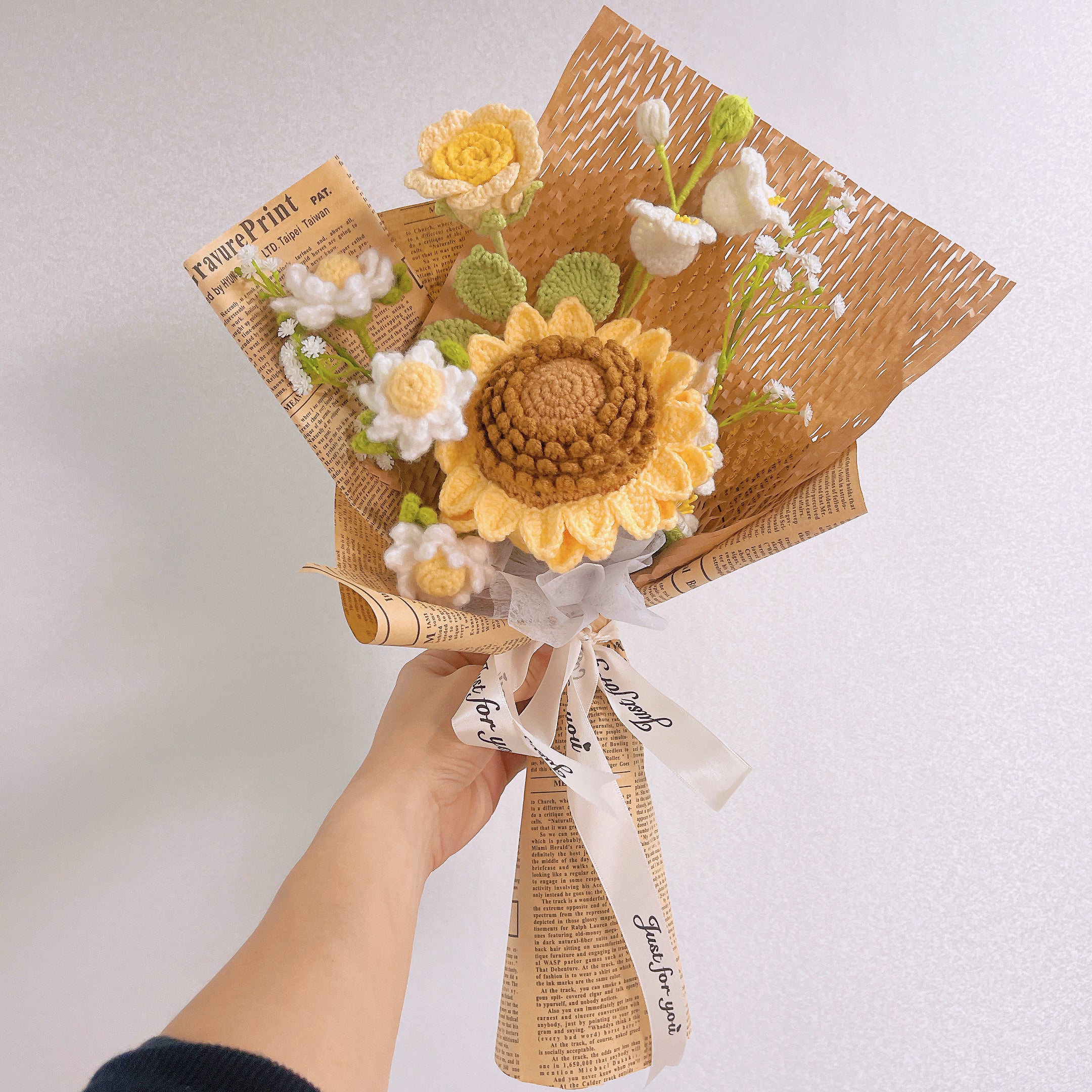Handcrafted Bouquet of Large Sunflowers, White Lily of The Valley, White Chamomile, Yellow Roses, and White Baby's Breath - A Symbol of Joy, Purity, Love, Confession, Apology