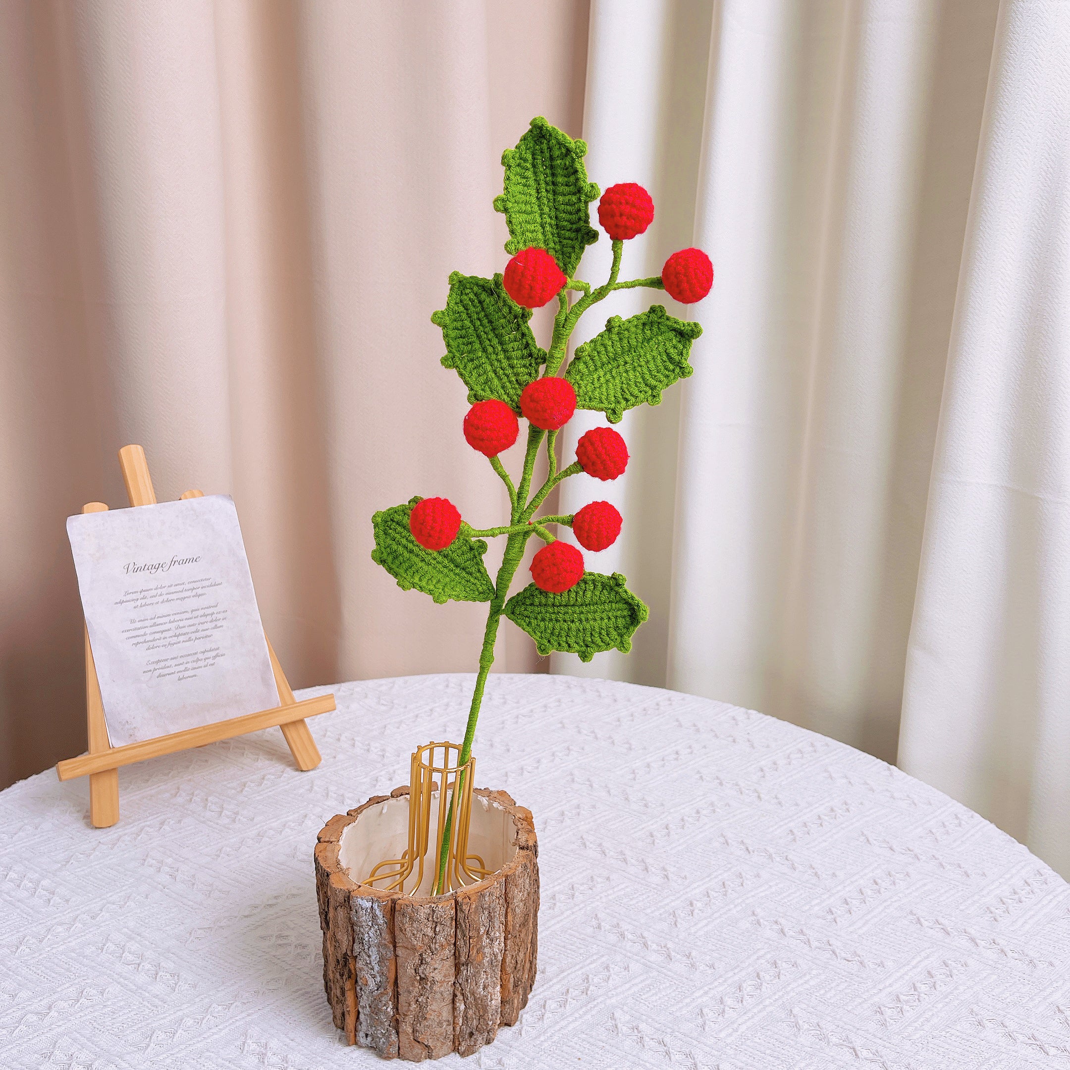 December Birth Month Holly Flower Bouquet - Hand-Crocheted Birthday Christmas Flower Arrangement with Festive Wrapping
