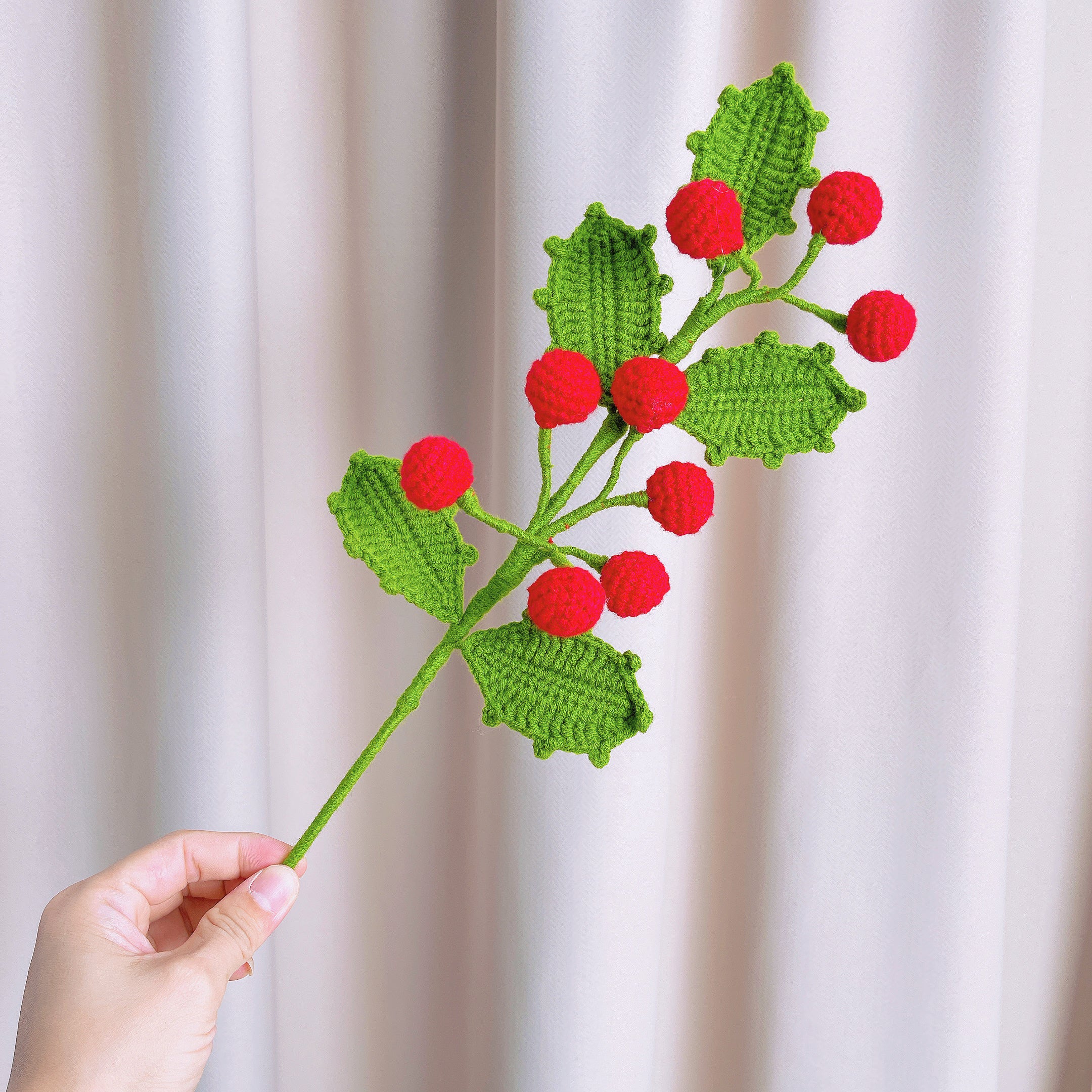 December Birth Month Holly Flower Bouquet - Hand-Crocheted Birthday Christmas Flower Arrangement with Festive Wrapping