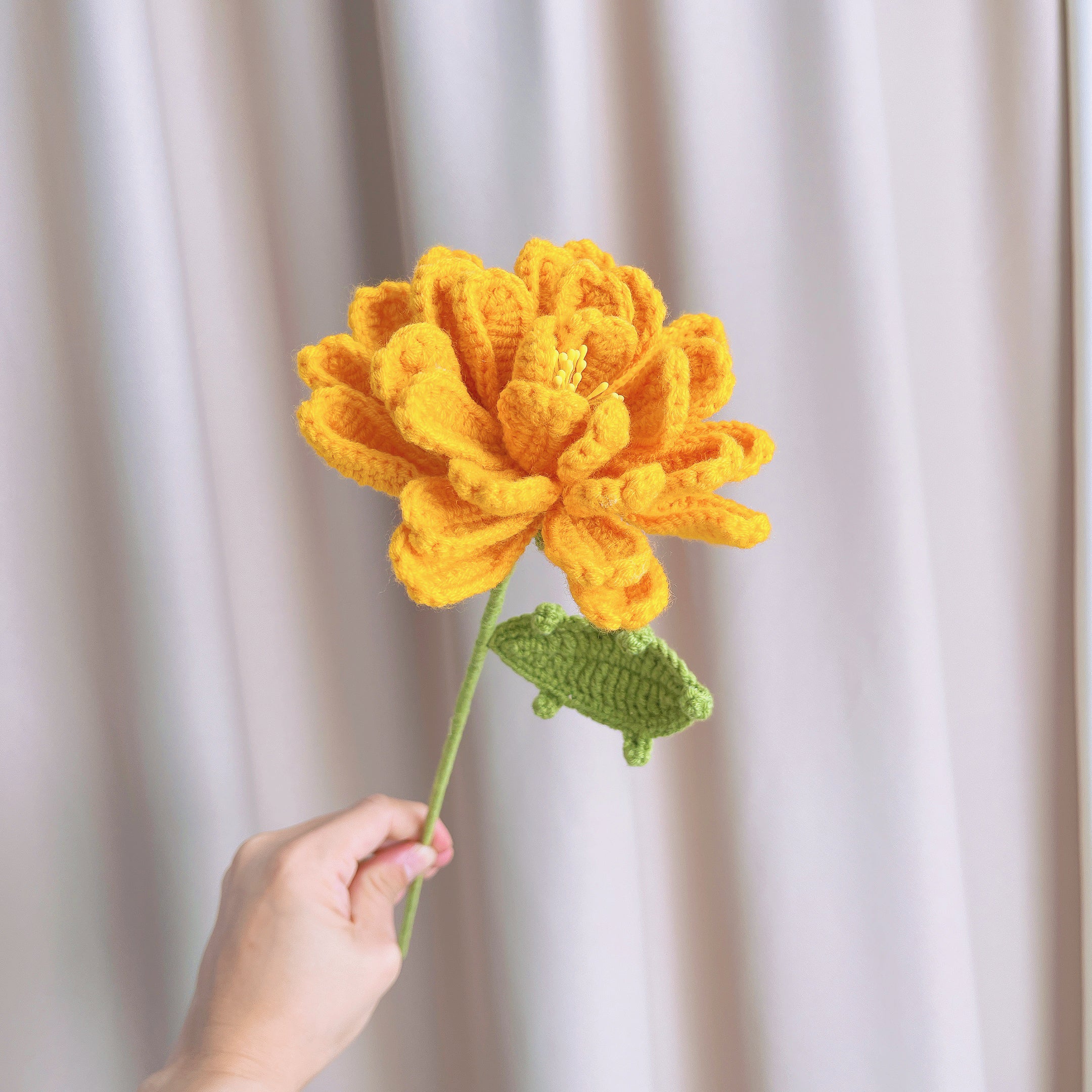 October Birth Month Marigold Bouquet - Hand-Crocheted Single Stem Birthday Flower Arrangement with Festive Wrapping