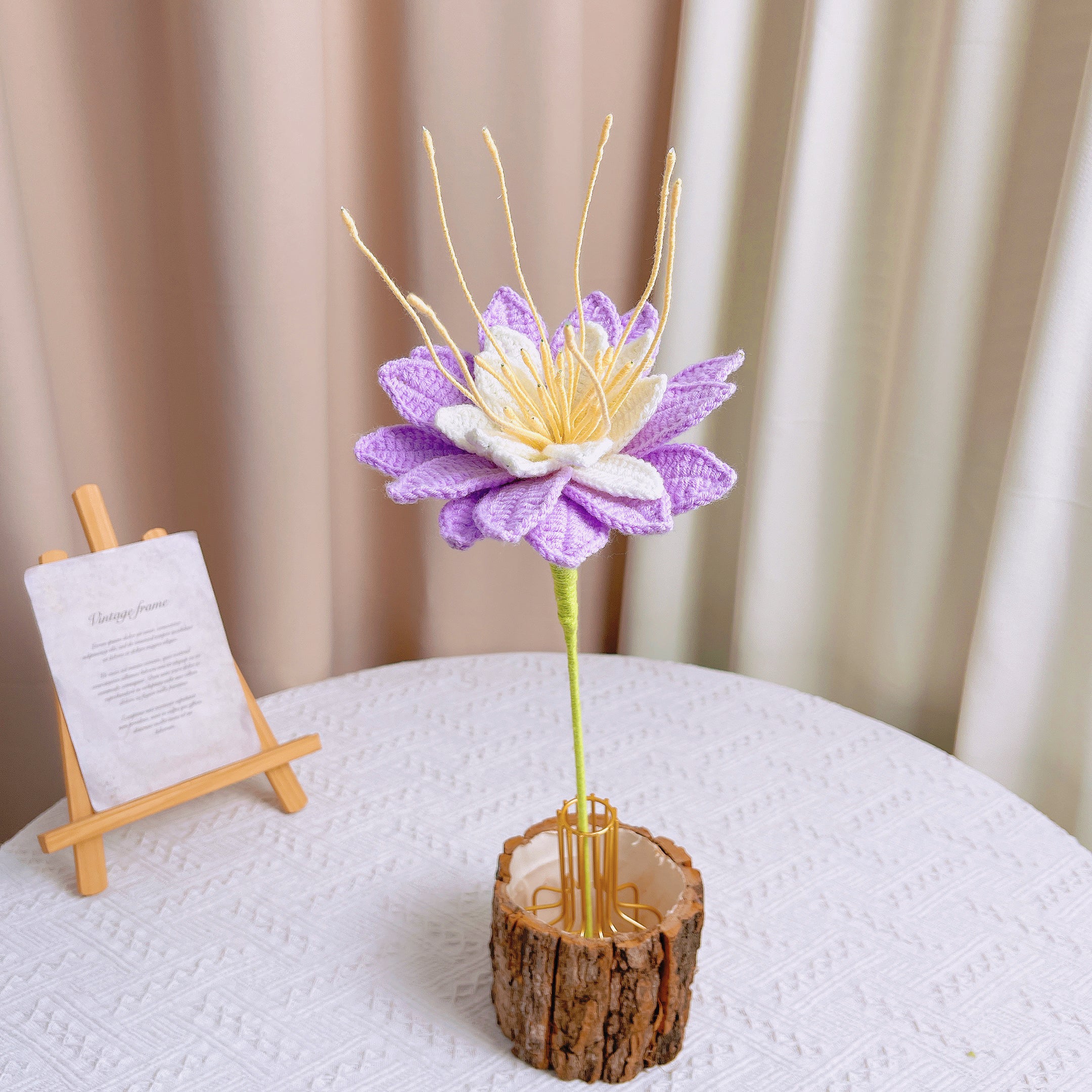 July Birth Month Purple Water Lily Bouquet - Hand-Crocheted Single Stem Birthday Flower Arrangement with Elegant Wrapping