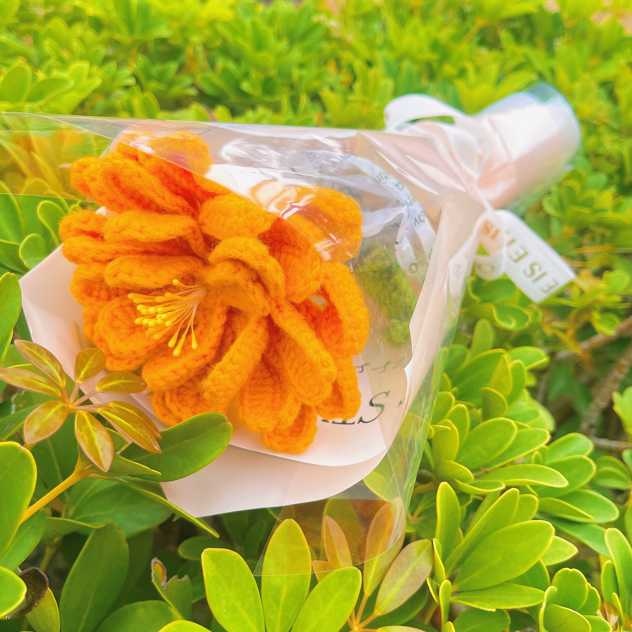 October Birth Month Marigold Bouquet - Hand-Crocheted Single Stem Birthday Flower Arrangement with Festive Wrapping